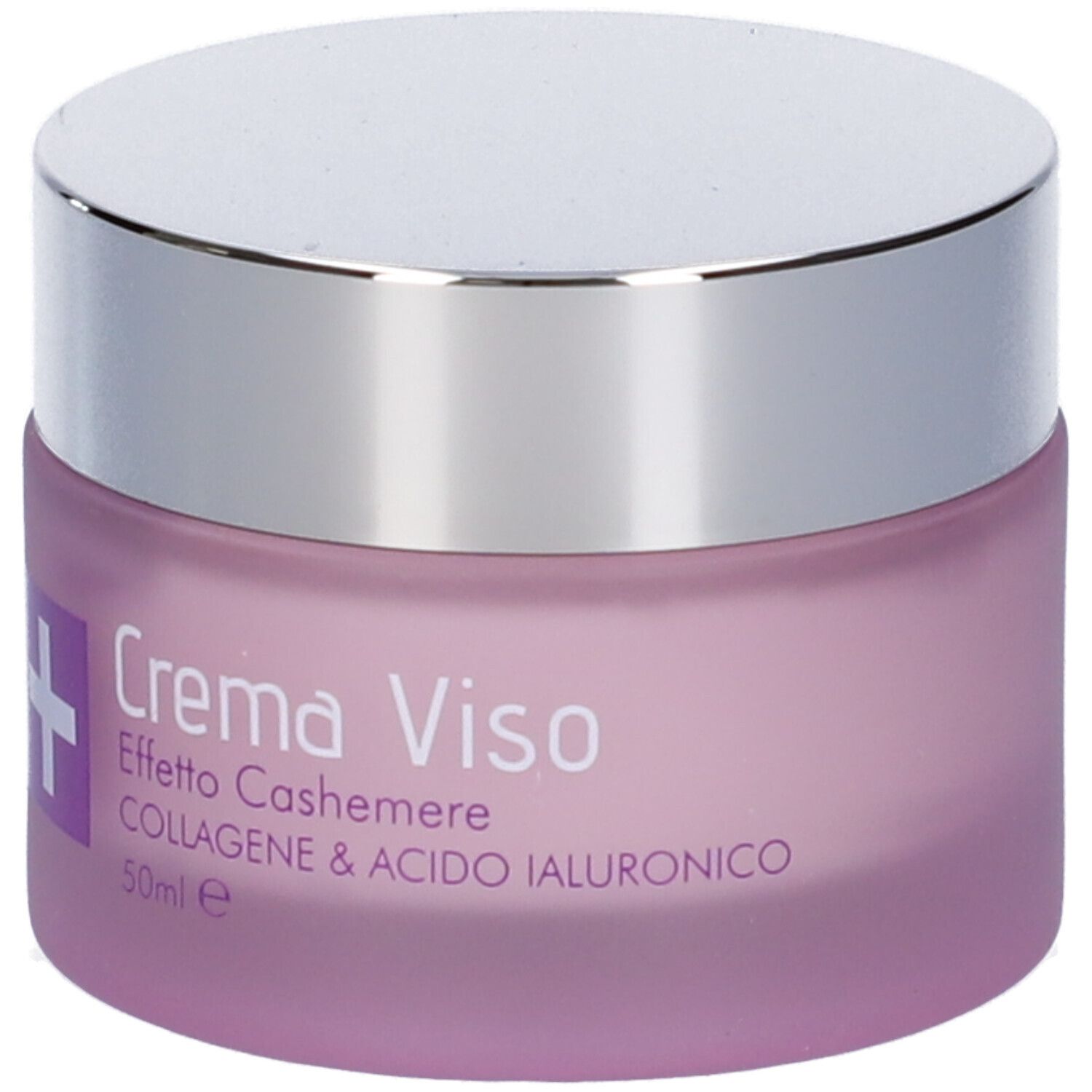 Vaso di crema rosa con coperchio argentato. Scritta: Crema Viso, Effetto Cashmere, Collagene & Acido Ialuronico. Logo: croce bianca.