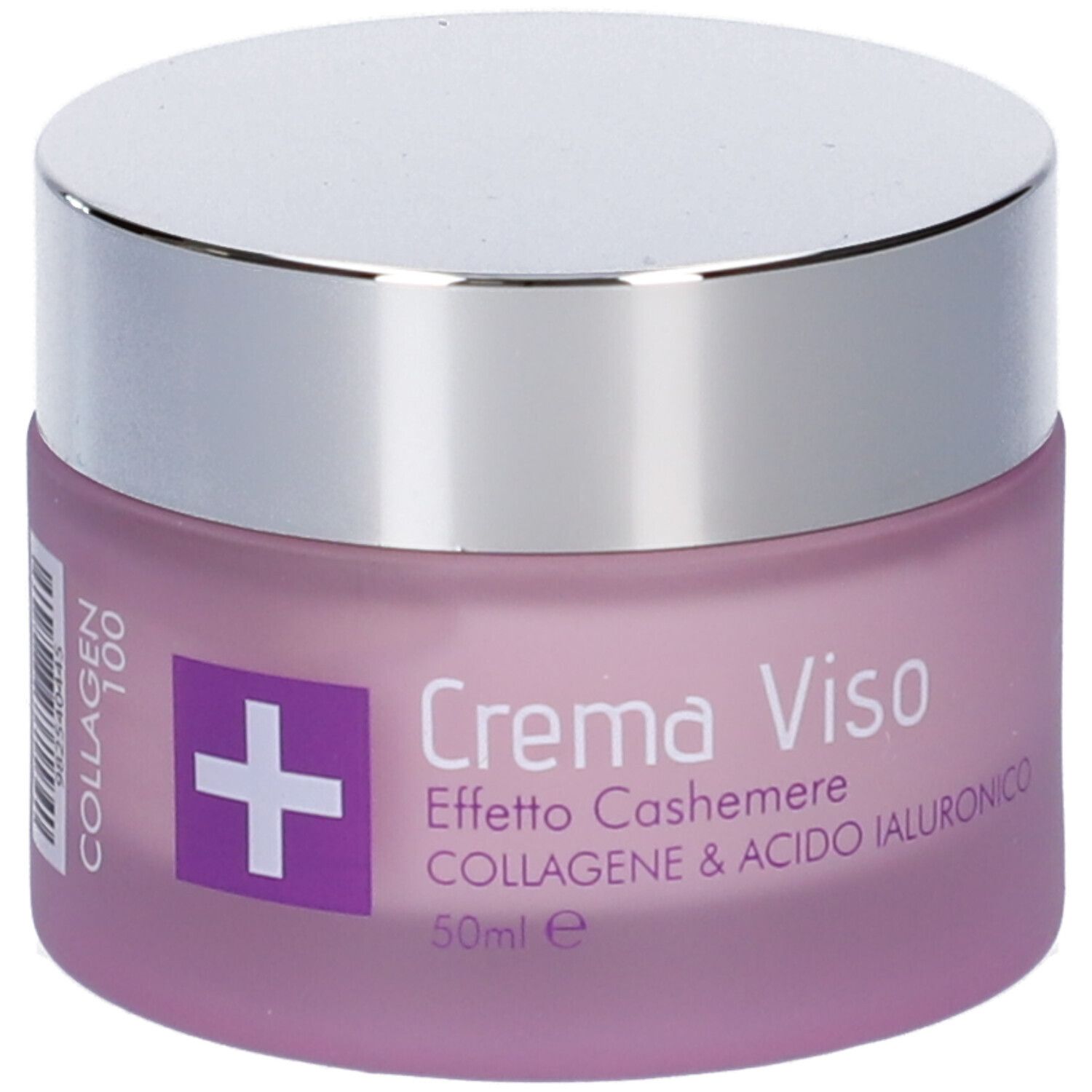 Vaso di crema rosa con coperchio argentato. Scritta: Collagen 100, Crema Viso, Effetto Cashmere, Collagene & Acido Ialuronico. Logo: croce bianca.