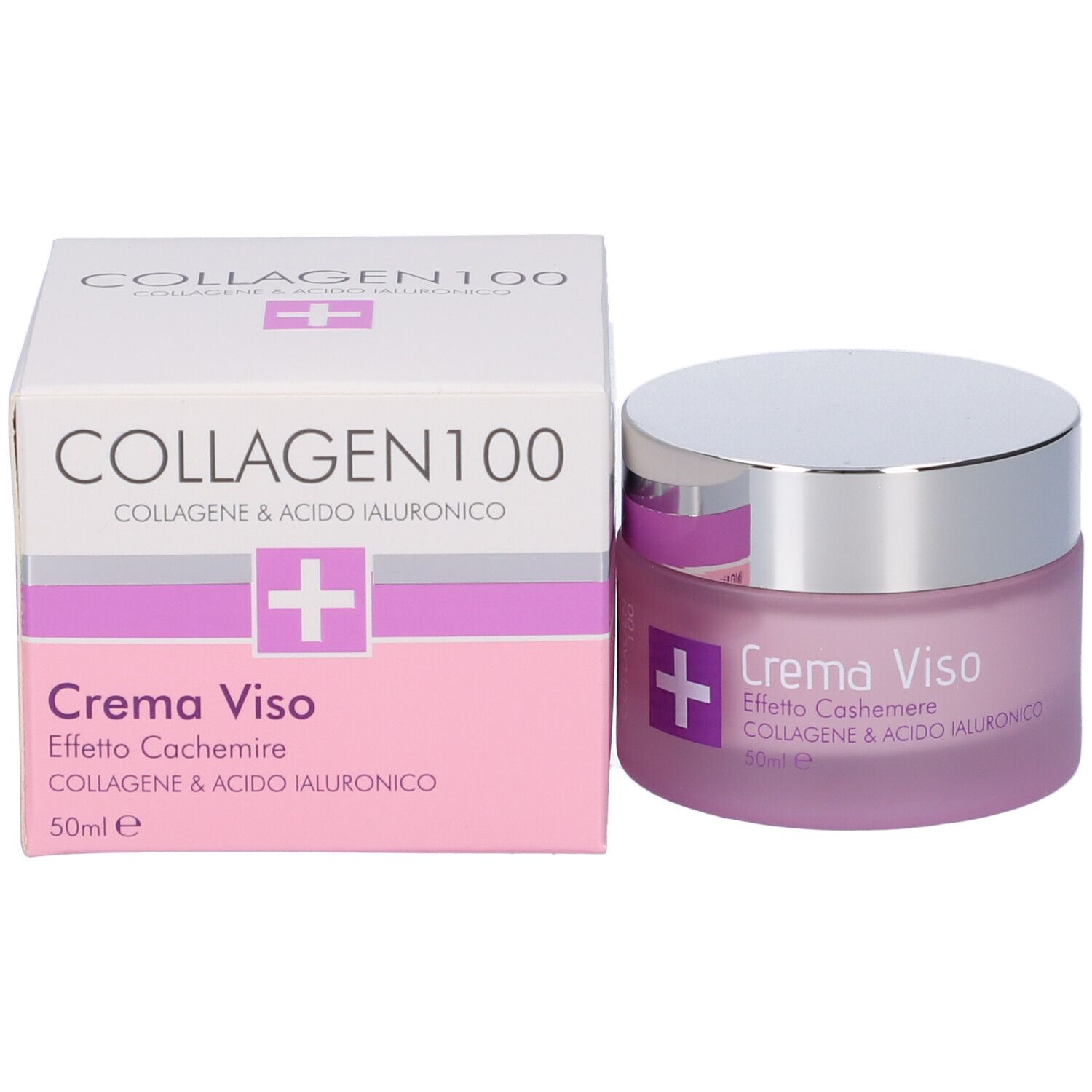 Vaso di crema e confezione. Scritta: Collagen 100, Crema Viso, Effetto Cashmere, Collagene & Acido Ialuronico. Logo: croce bianca.