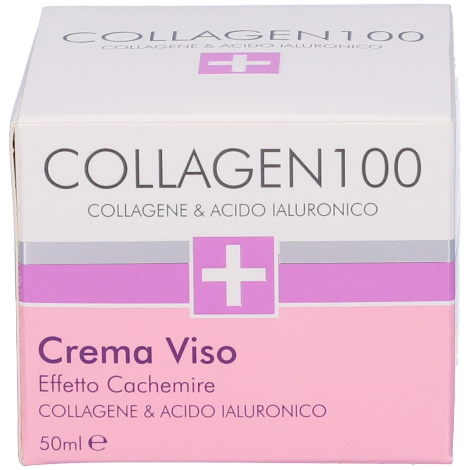 Confezione. Scritta: Collagen 100, Crema Viso, Effetto Cashmere, Collagene & Acido Ialuronico. Logo: croce bianca.