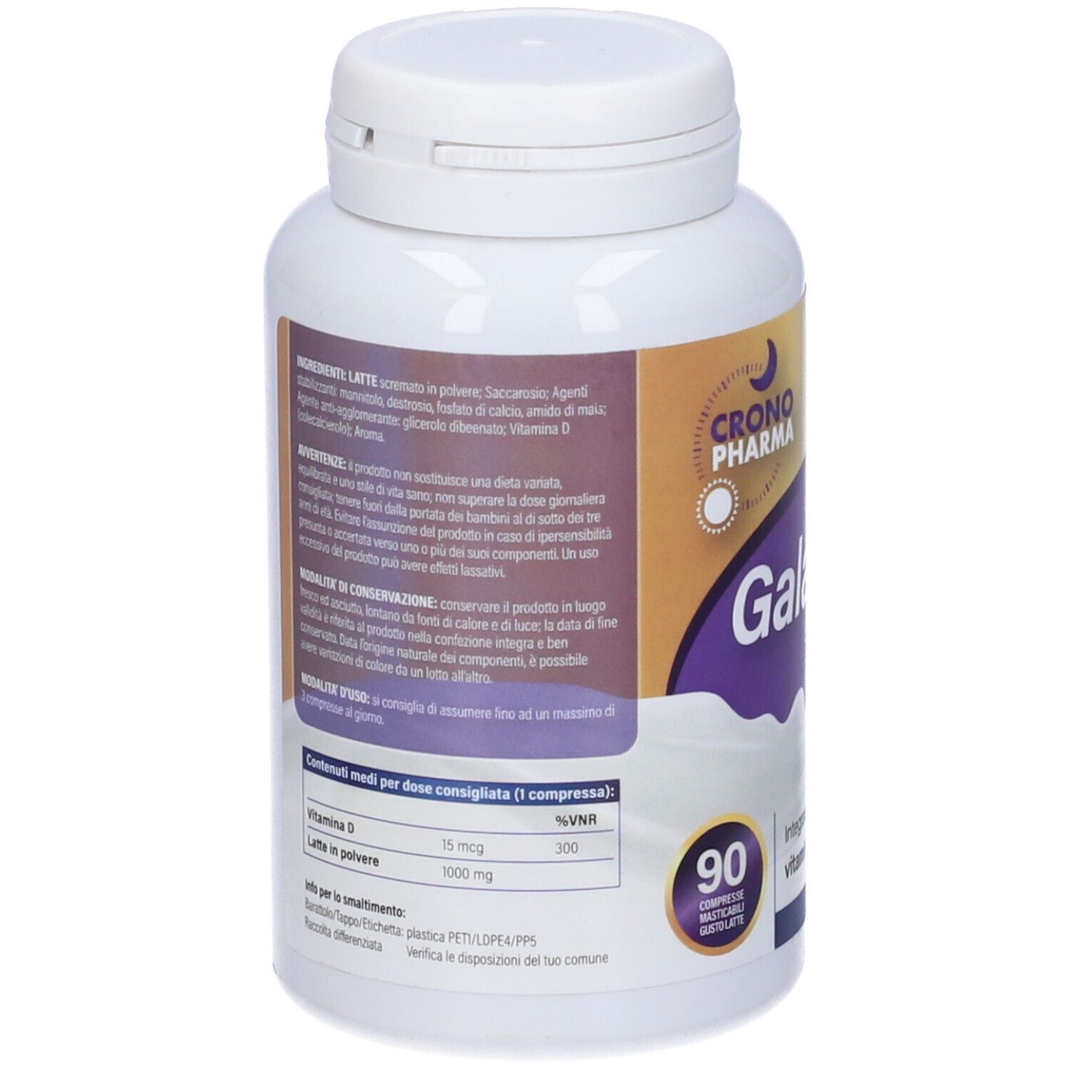 Retro del flacone bianco. Contiene informazioni su ingredienti, uso e valori nutrizionali. 90 compresse.
