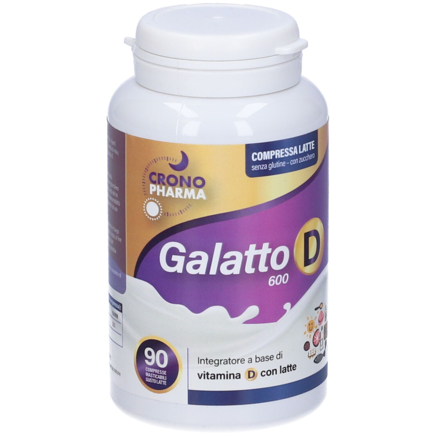 Flacone bianco con etichetta viola. Scritta: Galatto D 600, 90 compresse. Contiene vitamina D con latte.