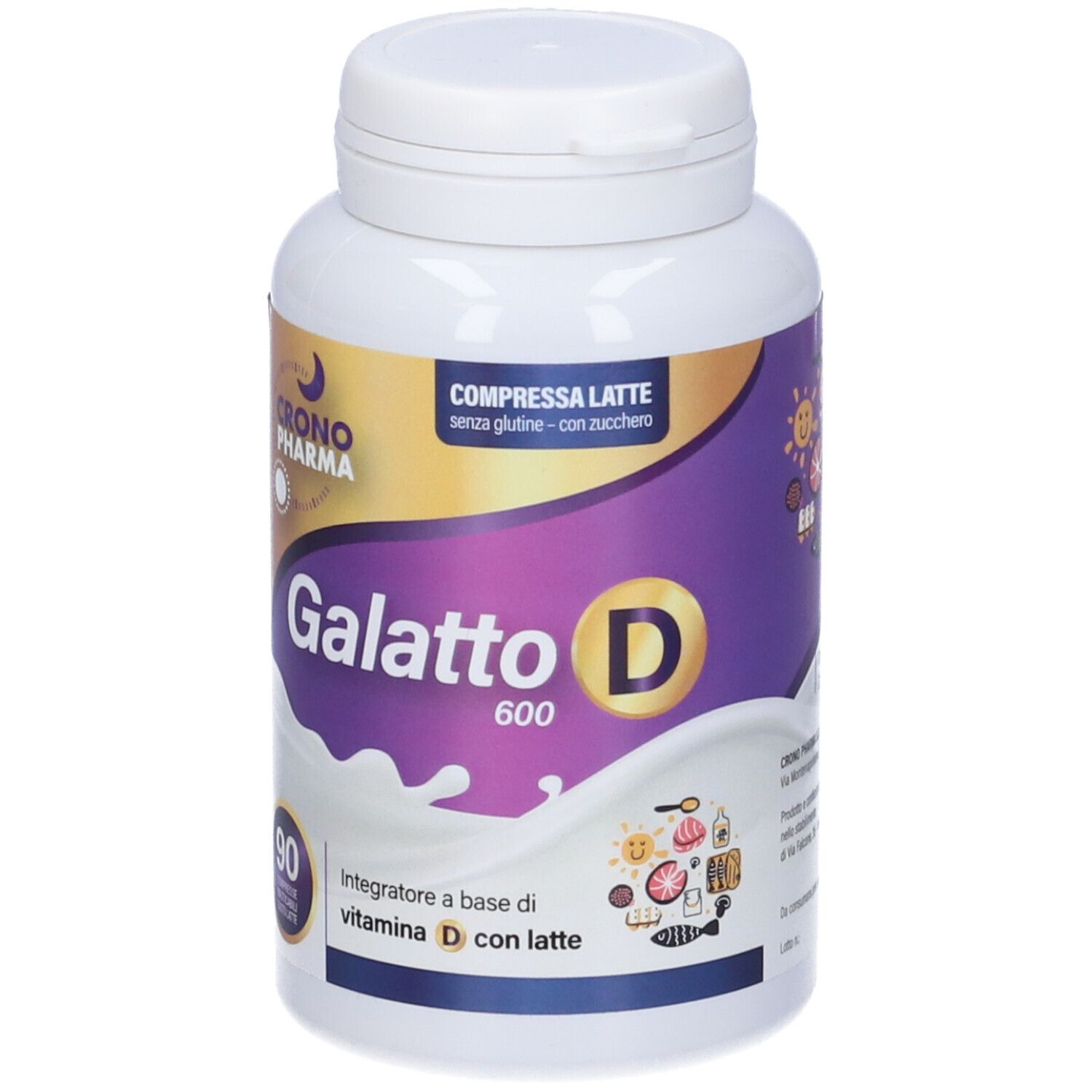 Flacone bianco con etichetta viola. Scritta: Galatto D 600, 90 compresse. Contiene vitamina D con latte.