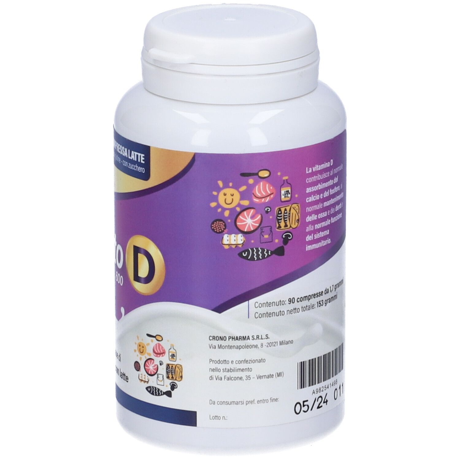 Retro del flacone bianco. Contiene informazioni su ingredienti, uso e valori nutrizionali. 90 compresse.