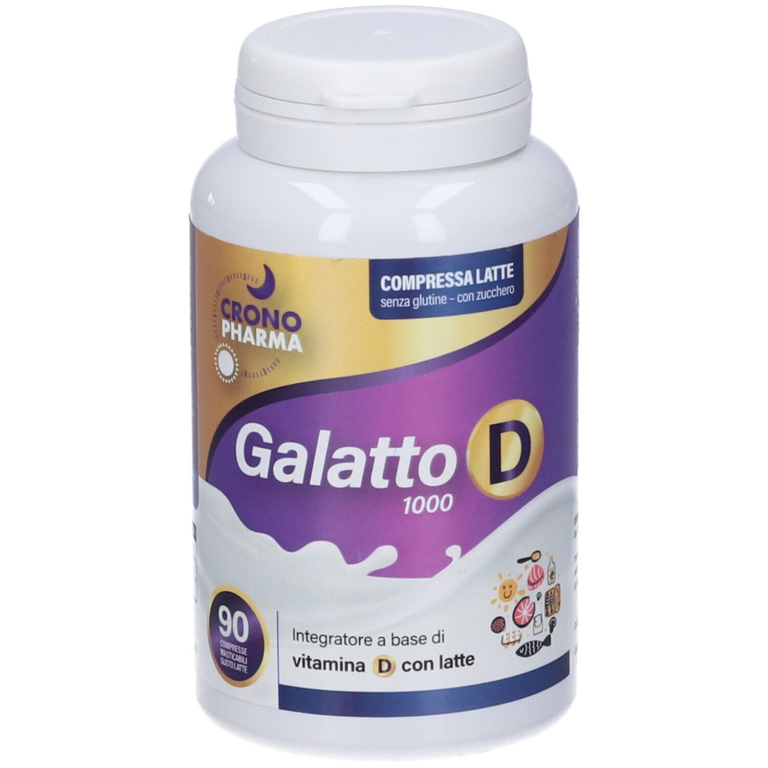 Flacone bianco Galatto D 1000. 90 compresse, gusto latte. Logo Crono Pharma. Senza glutine e zucchero.