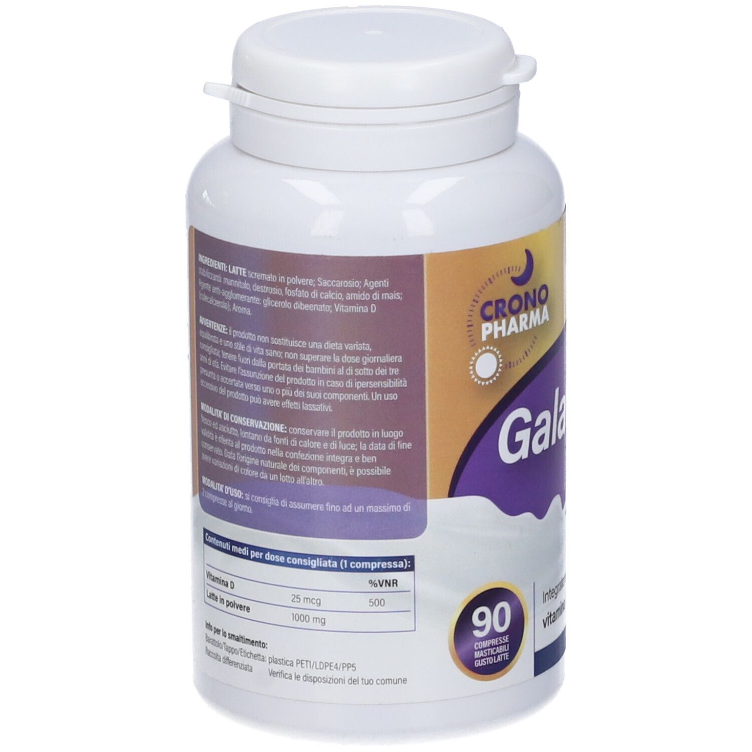 Retro flacone bianco Galatto D 1000. Ingredienti, dosaggio, informazioni nutrizionali. Logo Crono Pharma.
