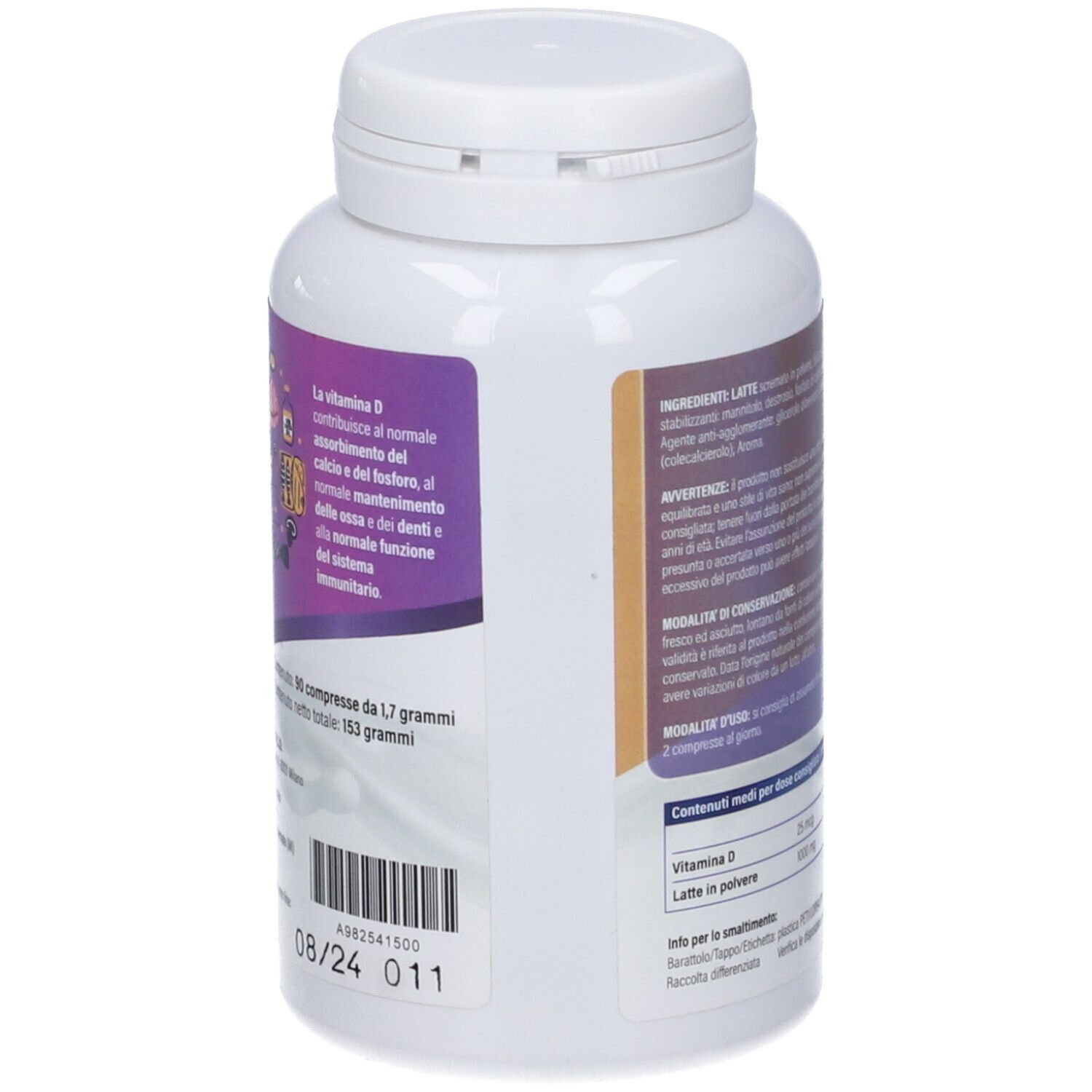 Retro flacone bianco Galatto D 1000. Ingredienti, dosaggio, informazioni nutrizionali. Logo Crono Pharma.