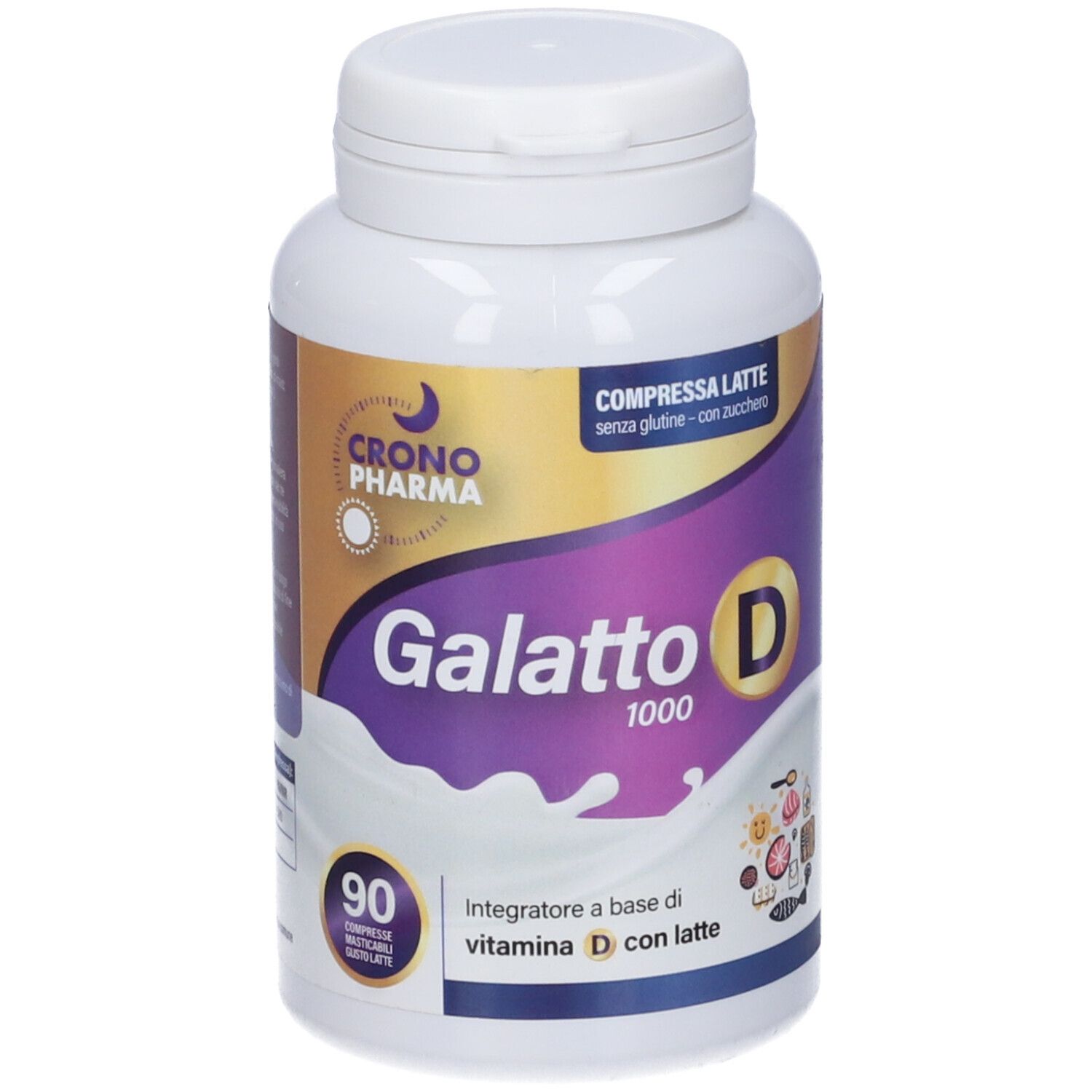 Flacone bianco Galatto D 1000. 90 compresse, gusto latte. Logo Crono Pharma. Senza glutine e zucchero.