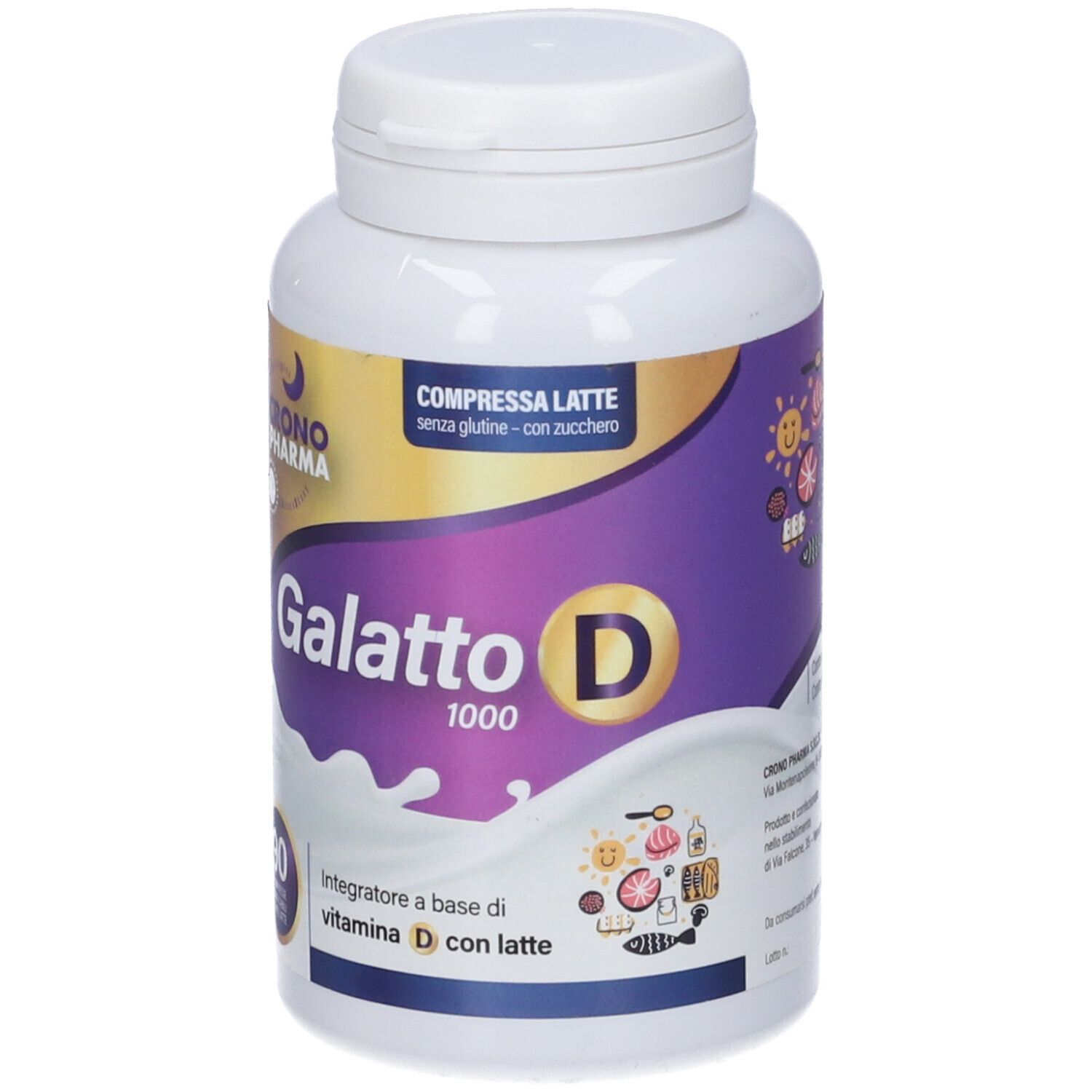 Flacone bianco Galatto D 1000. 90 compresse, gusto latte. Logo Crono Pharma. Senza glutine e zucchero.
