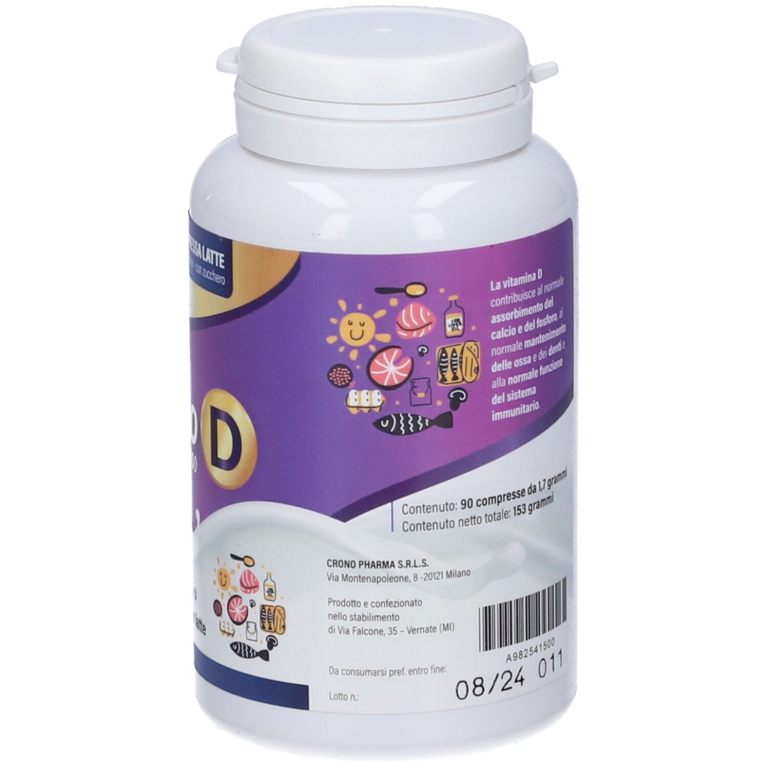 Retro flacone bianco Galatto D 1000. Ingredienti, dosaggio, informazioni nutrizionali. Logo Crono Pharma.