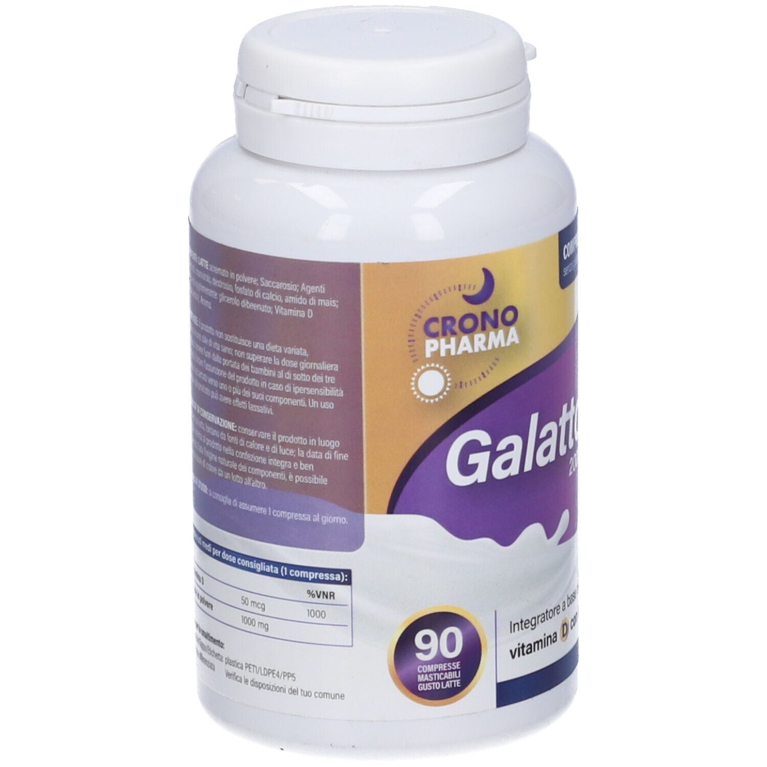 Flacone bianco con etichetta viola. Scritta: Galatto D 2000, 90 compresse. Contiene vitamina D con latte.