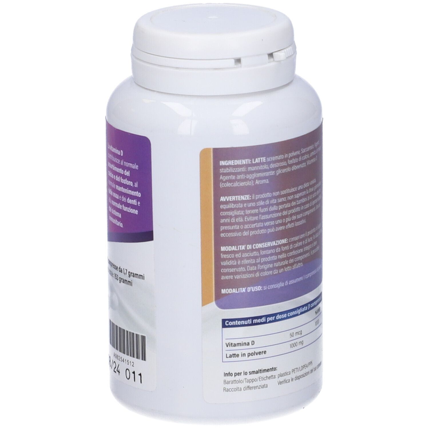 Flacone bianco con etichetta viola. Scritta: Galatto D 2000, 90 compresse. Contiene vitamina D con latte.