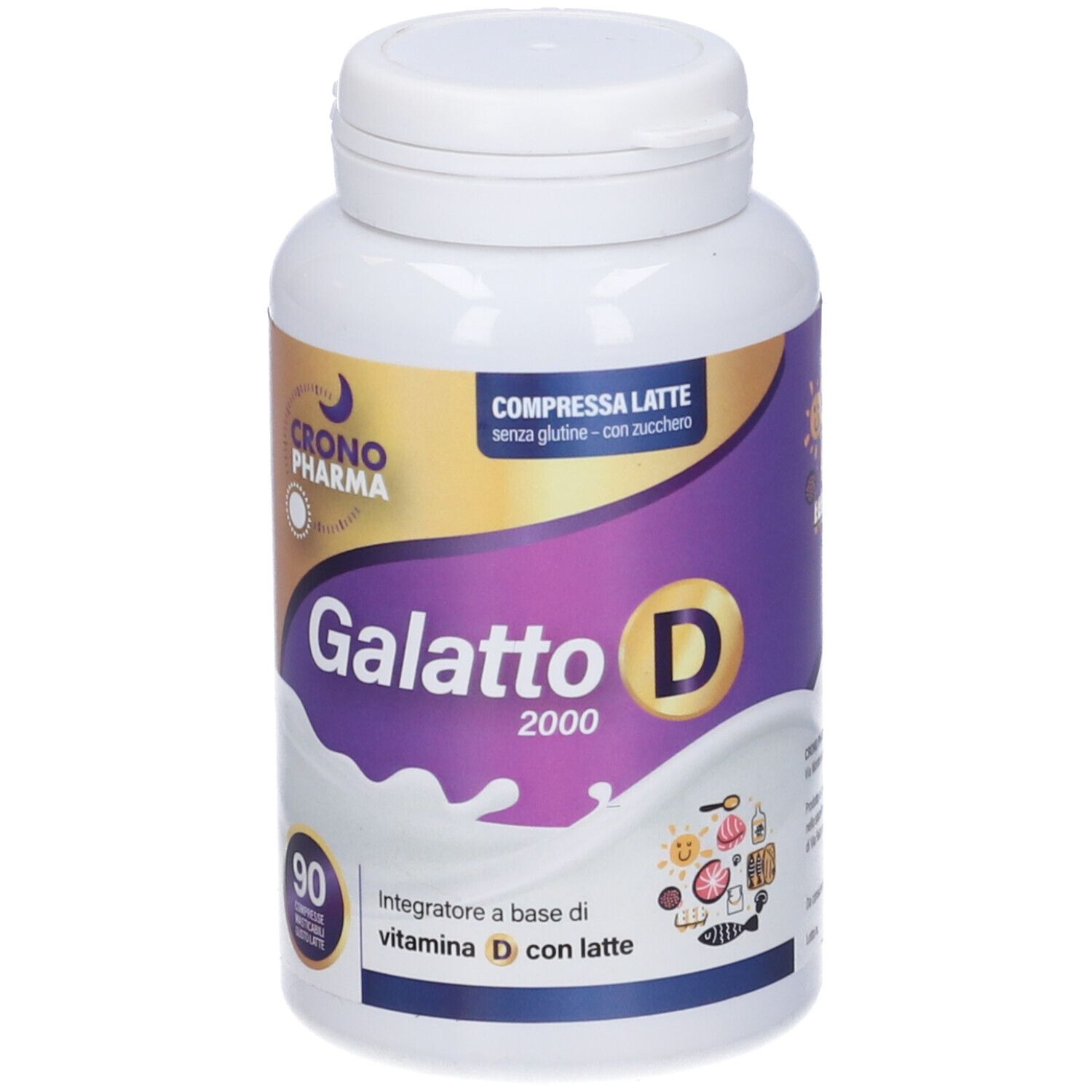 Flacone bianco con etichetta viola. Scritta: Galatto D 2000, 90 compresse. Contiene vitamina D con latte.