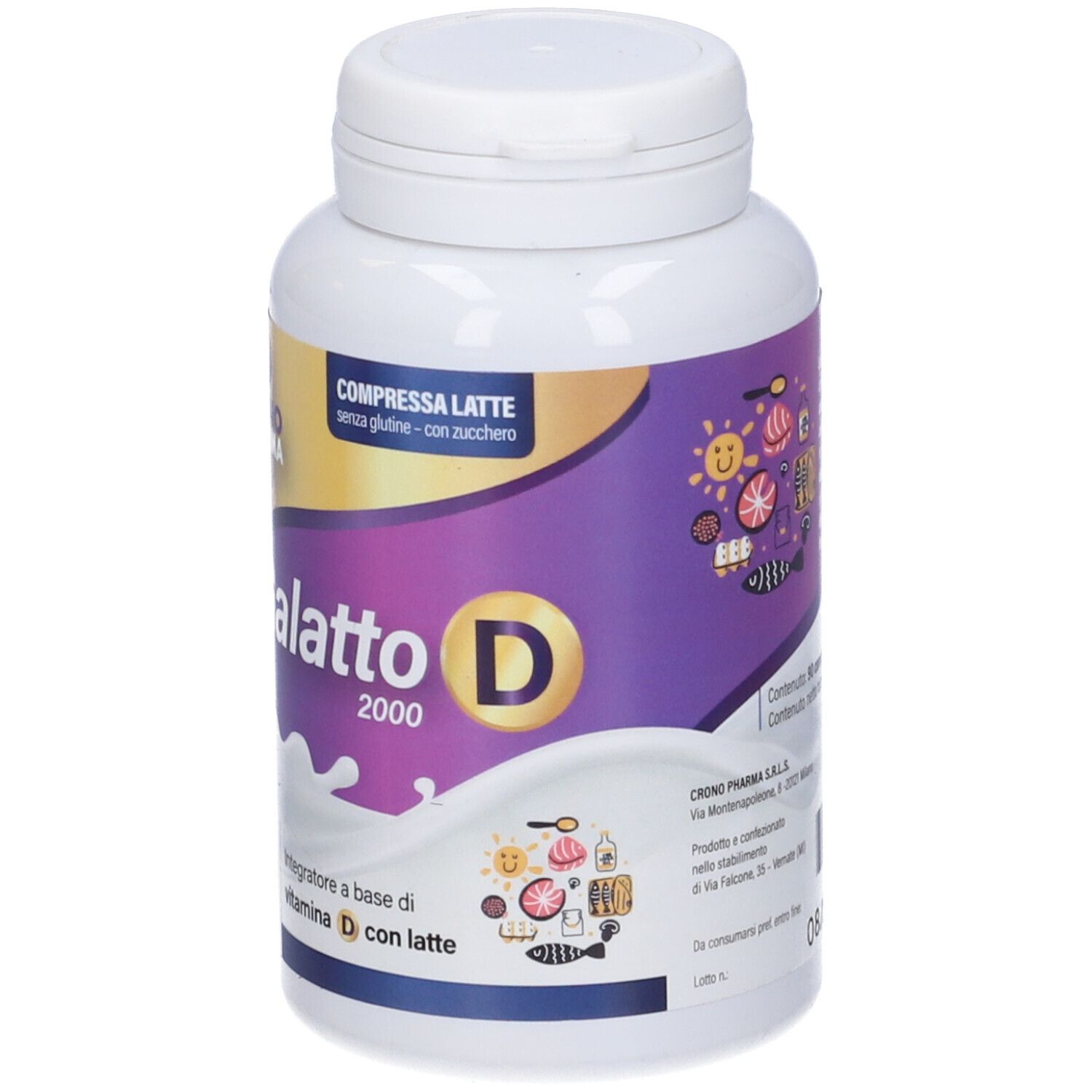 Flacone bianco con etichetta viola. Scritta: Galatto D 2000, 90 compresse. Contiene vitamina D con latte.