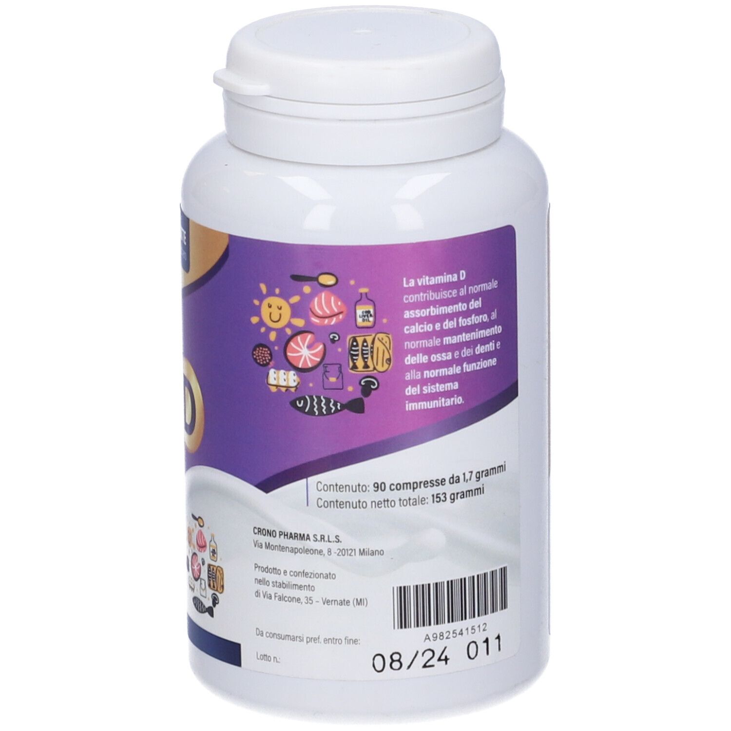 Flacone bianco con etichetta viola. Scritta: Galatto D 2000, 90 compresse. Contiene vitamina D con latte.