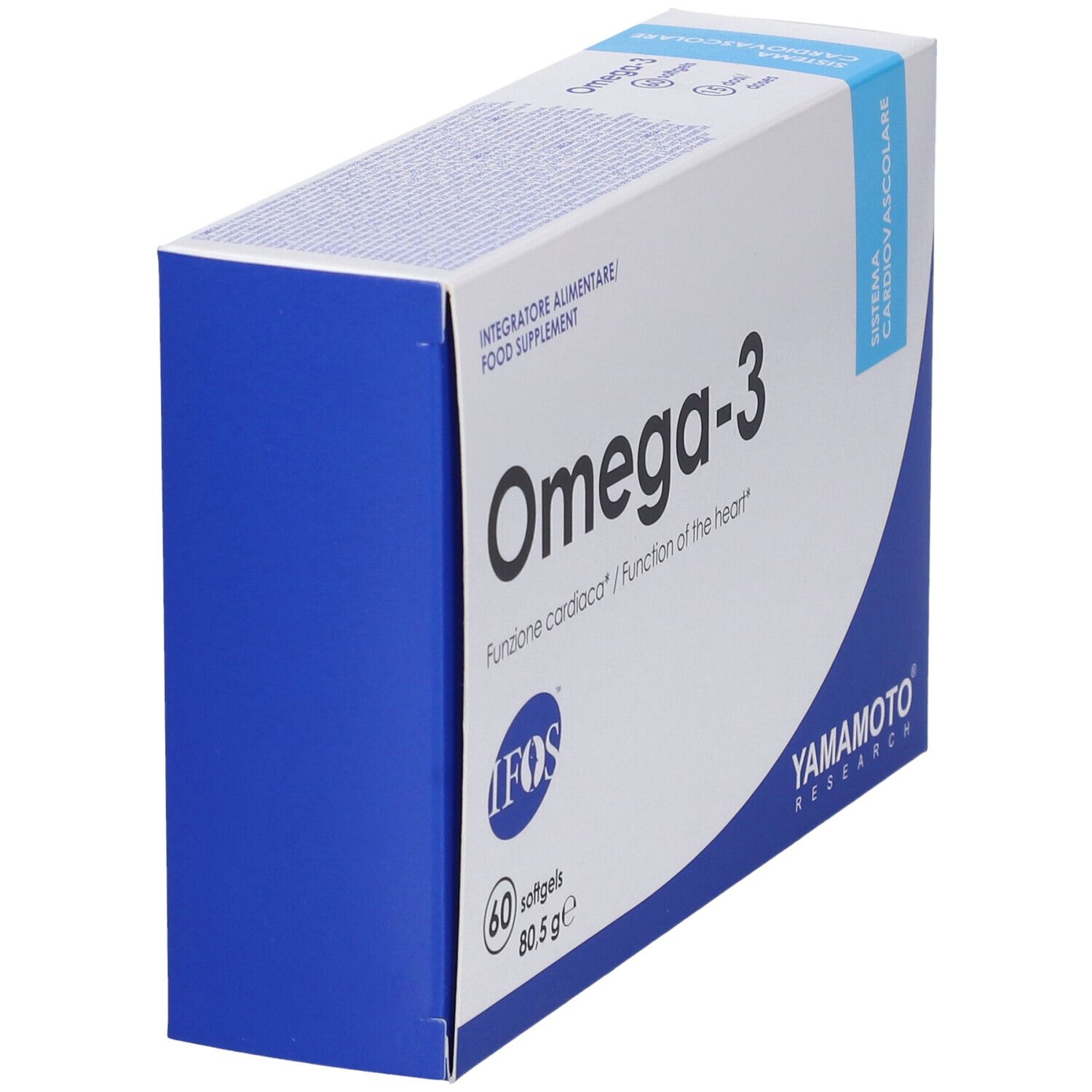 Scatola bianca con scritta Omega-3. Accenti blu. Marchio: Yamamoto Research. Vista laterale.