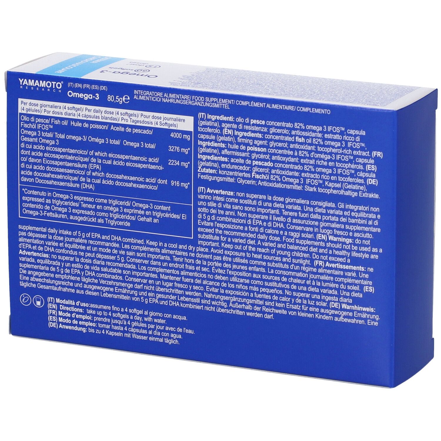 Retro della scatola bianca Omega-3. Contiene informazioni su ingredienti e valori nutrizionali. Marchio: Yamamoto Research.