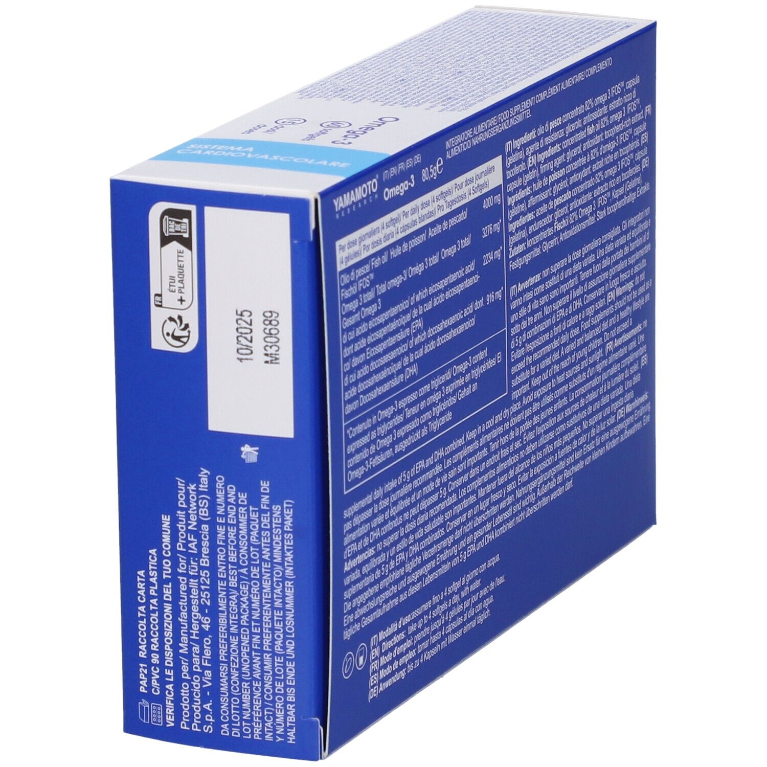 Retro della scatola bianca Omega-3. Contiene informazioni e data di scadenza. Marchio: Yamamoto Research.