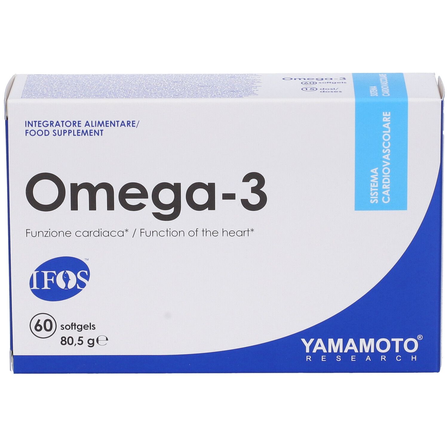 Scatola bianca con scritta Omega-3. Accenti blu. Contiene 60 softgels. Marchio: Yamamoto Research.