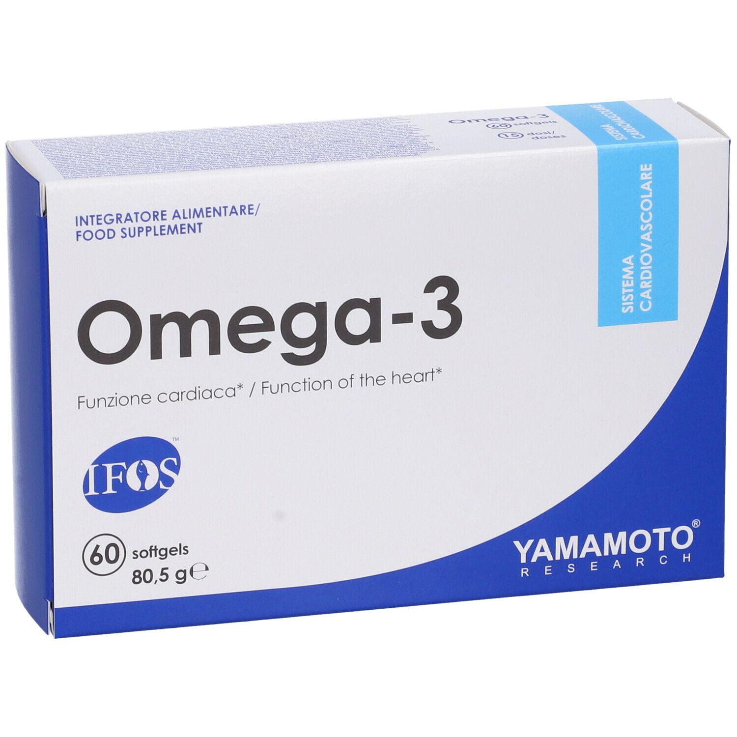 Scatola bianca con scritta Omega-3. Accenti blu. Contiene 60 softgels. Marchio: Yamamoto Research.