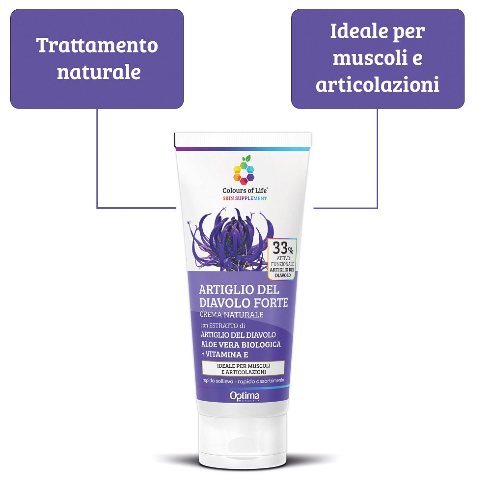 Tubetto di crema Artiglio del Diavolo con indicazioni su trattamento naturale e articolazioni.