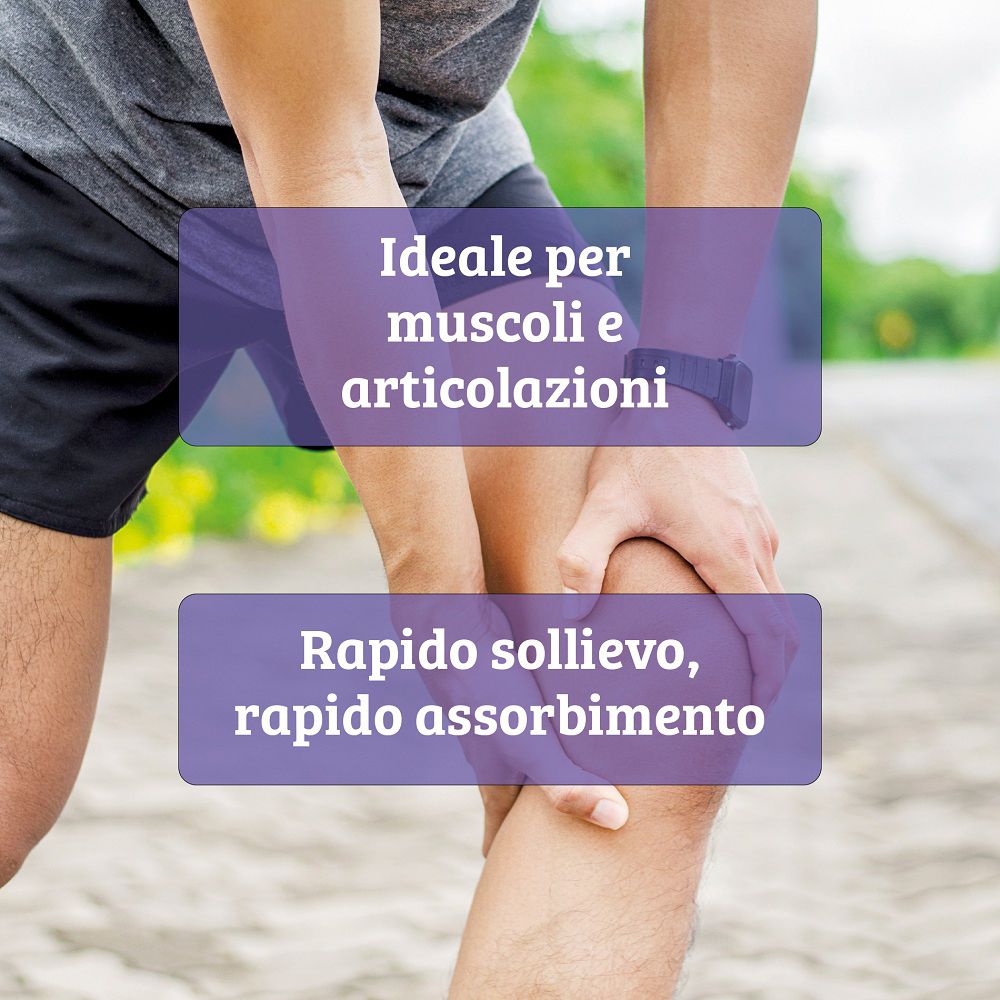 Uomo che tiene un ginocchio dolorante, con testo su sollievo e assorbimento rapidi.
