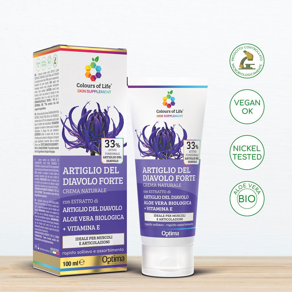 Confezione e tubetto di crema Artiglio del Diavolo con sigilli: Vegan, Nickel Tested, Aloe Vera Bio.