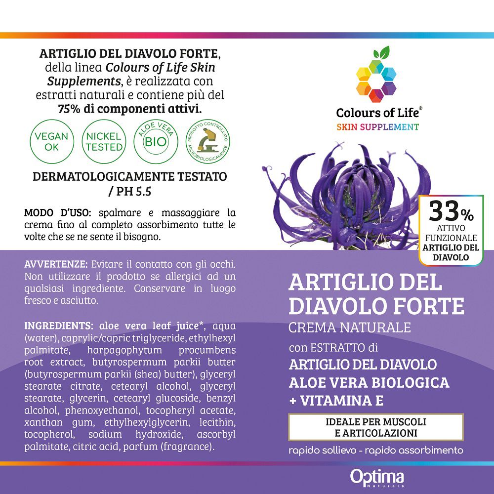 Retro della confezione con ingredienti, istruzioni d'uso e certificazioni.