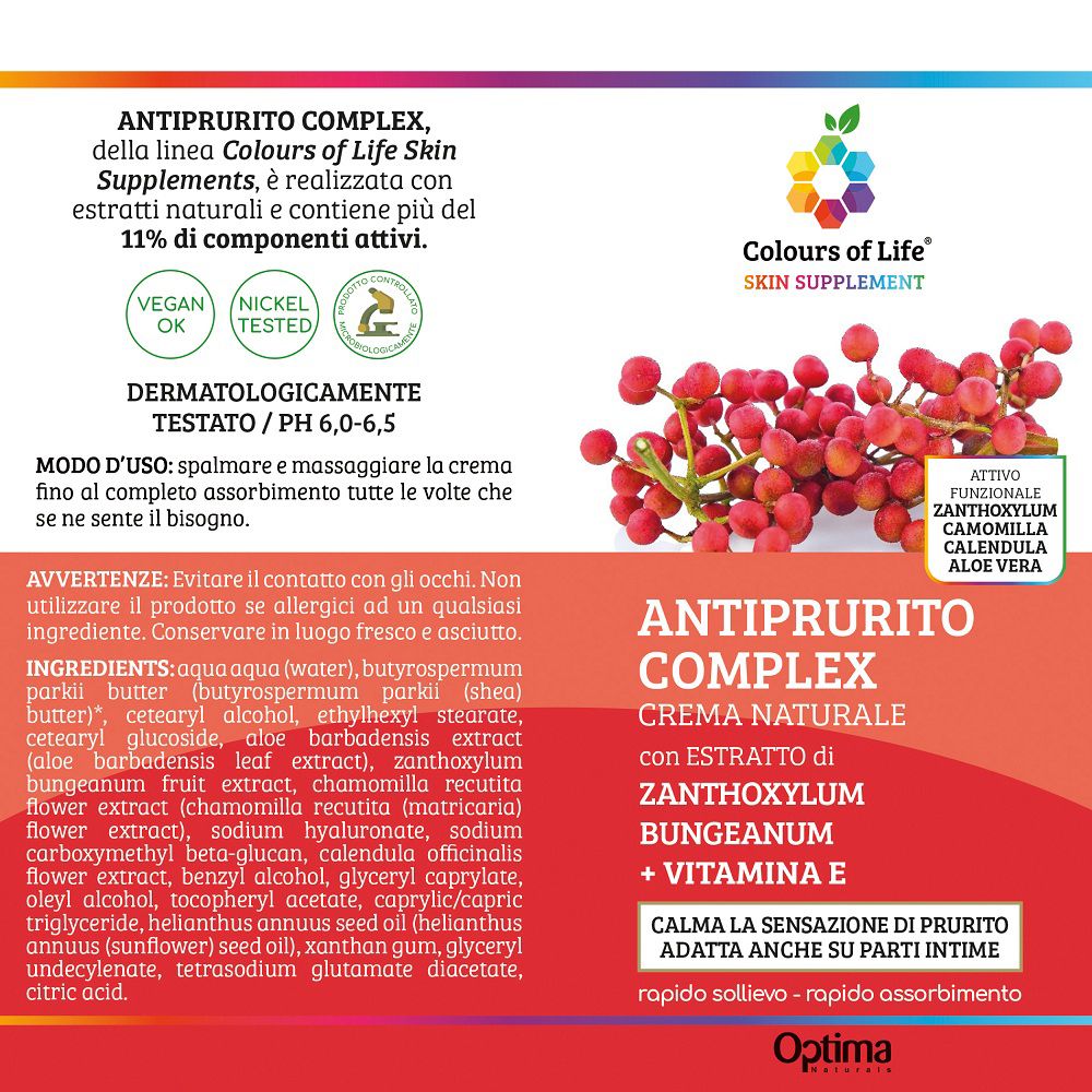 Retro della confezione della crema Colours of Life Juckreiz-Komplex con ingredienti e uso.