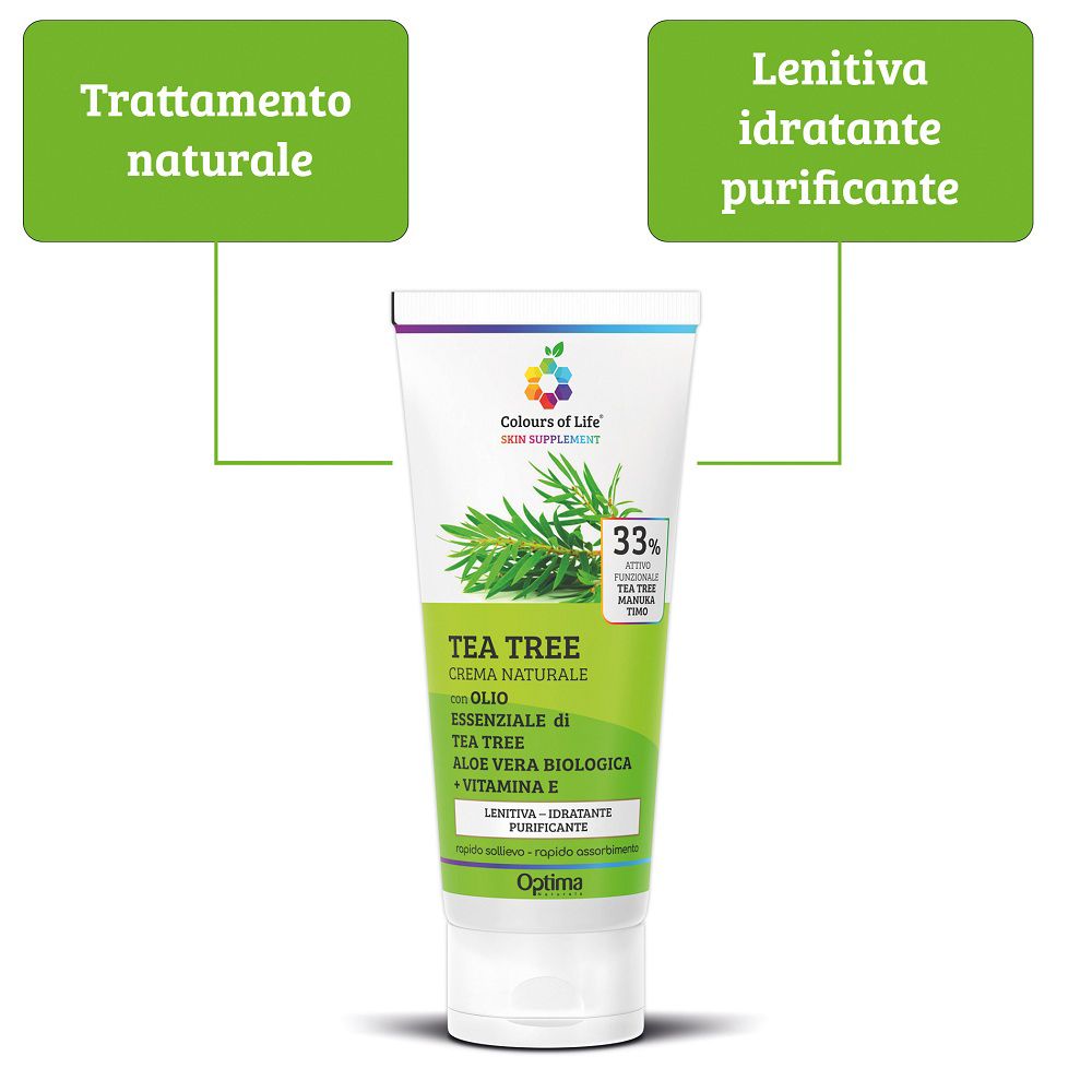 Tubo Colours of Life Kreme TEA TREE con indicazioni sugli ingredienti naturali.