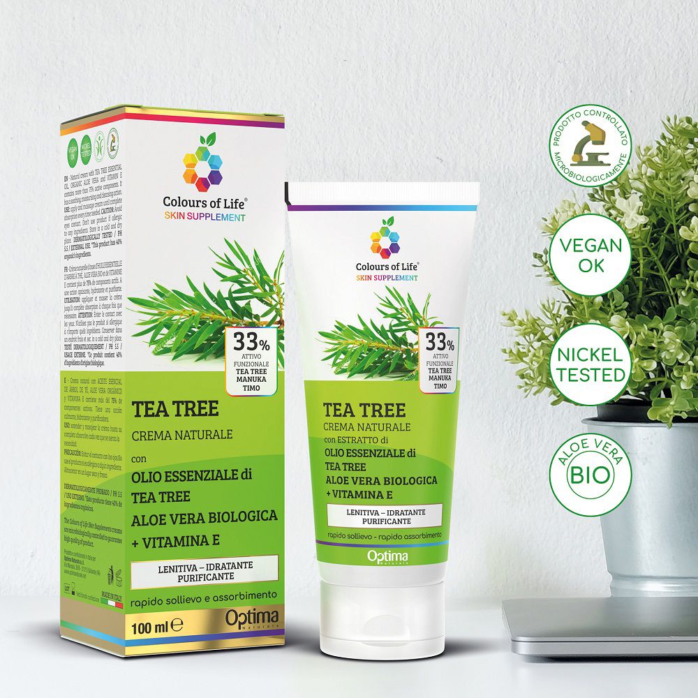 Confezione e tubo Colours of Life Kreme TEA TREE, con sigilli e pianta.