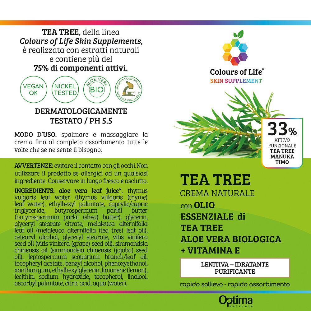 Retro della confezione Colours of Life Kreme TEA TREE con ingredienti e uso.