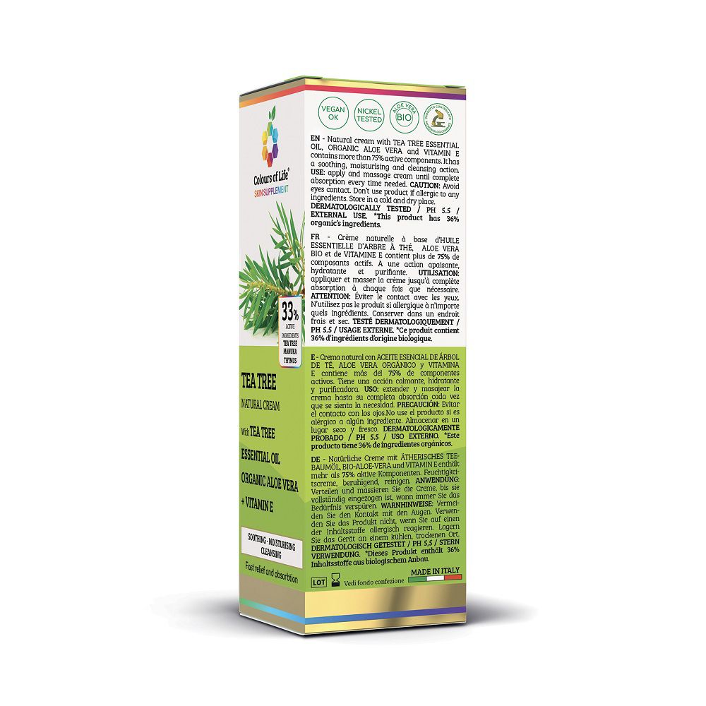 Lato della confezione Colours of Life Kreme TEA TREE con informazioni multilingue.