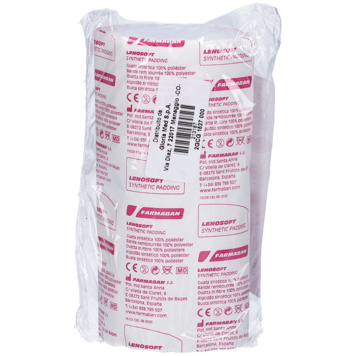 Rotolo di bendaggio Lenosoft in confezione trasparente. Testo visibile e marchio CE.