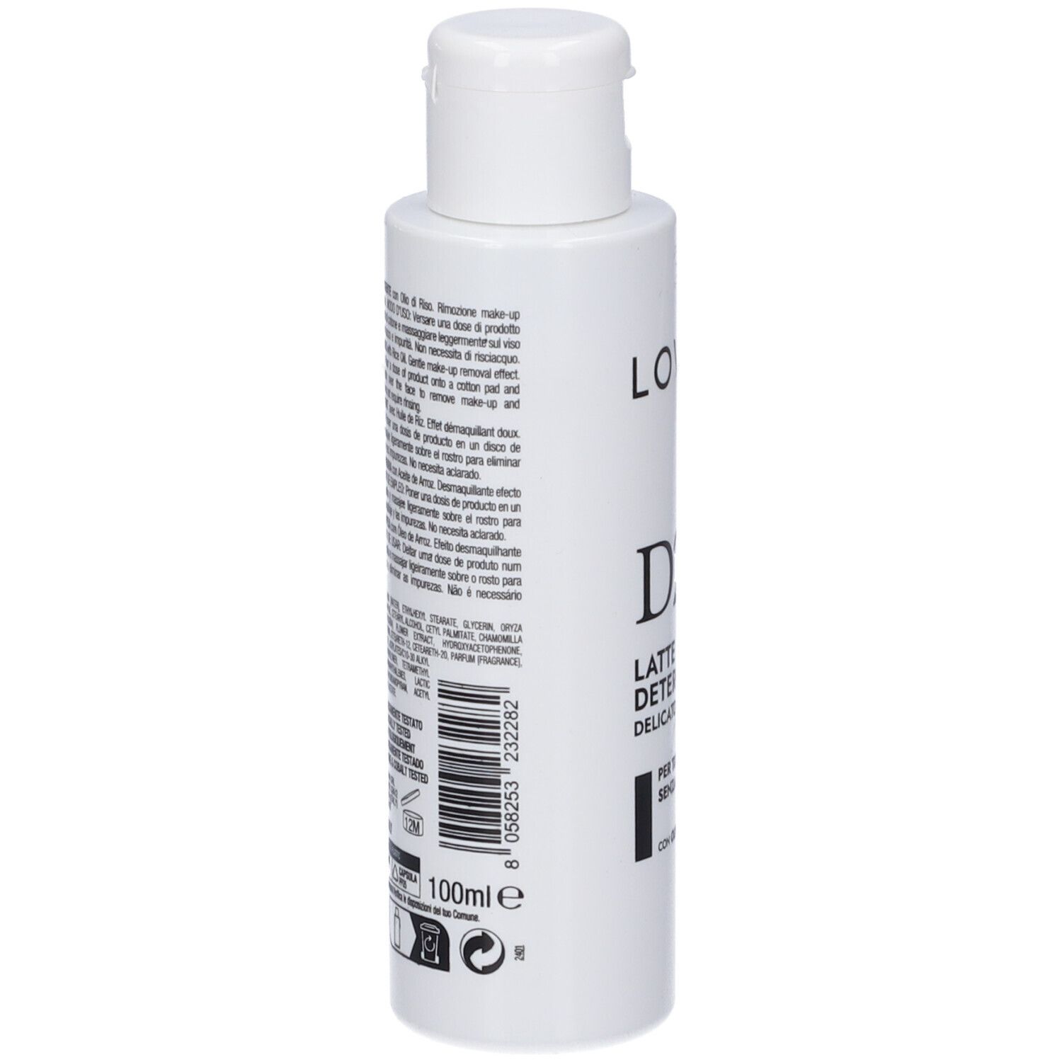 Flacone bianco con testo e codice a barre. Testo: LOVRÉN, D2, LATTE DETERGENTE DELICATO. 100ml. Ingredienti.