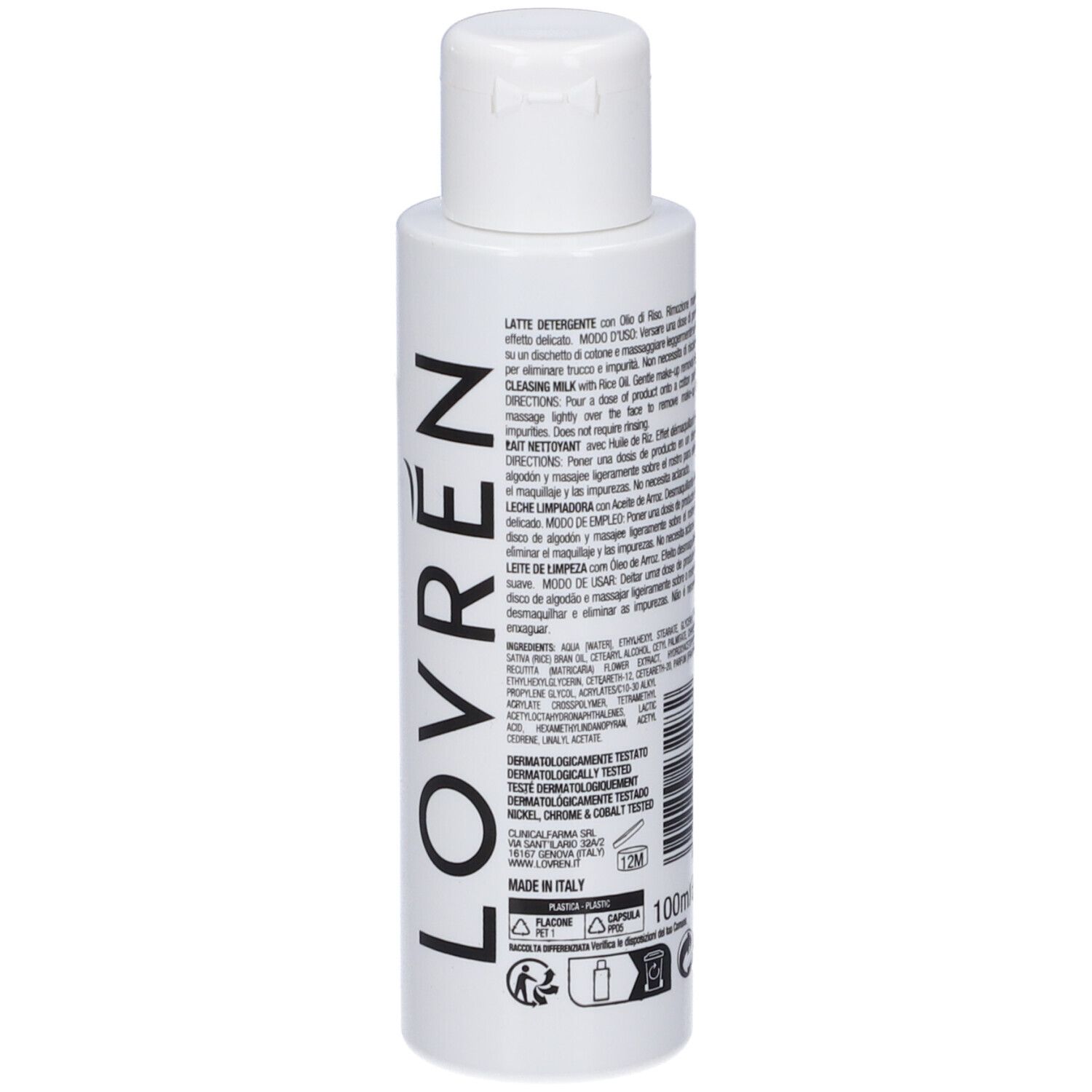 Flacone bianco con testo: LOVRÉN, D2, LATTE DETERGENTE DELICATO. Dermatologicamente testato. 100ml. Made in Italy.