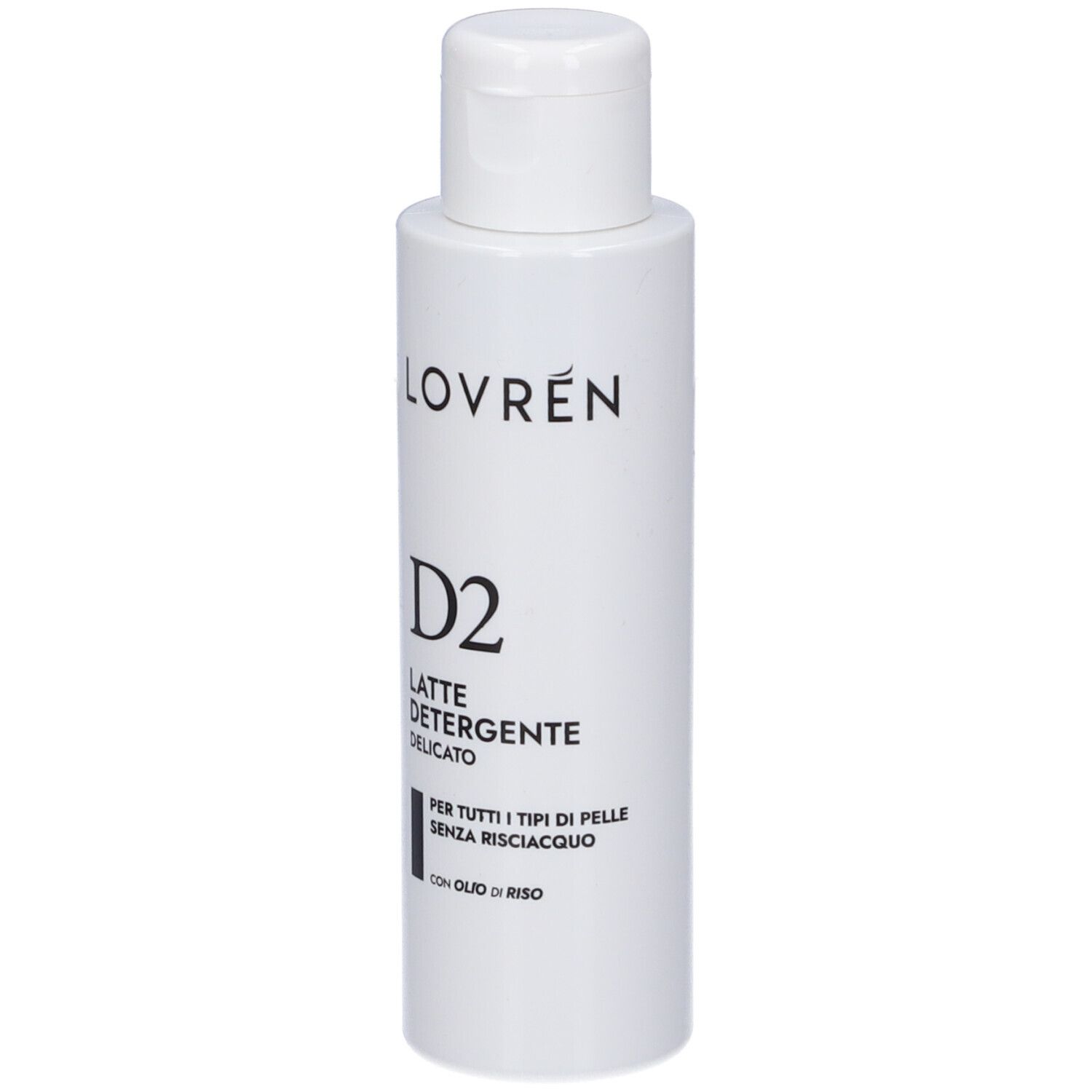 Flacone bianco con testo nero: LOVRÉN, D2, LATTE DETERGENTE DELICATO. Per tutti i tipi di pelle, senza risciacquo.