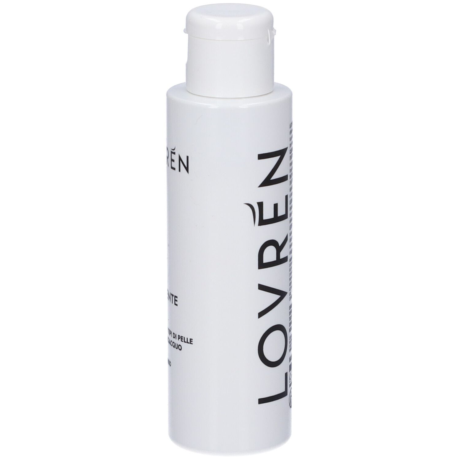 Flacone bianco con testo nero: LOVRÉN, LATTE DETERGENTE. Nome del prodotto parzialmente visibile. Tappo bianco.