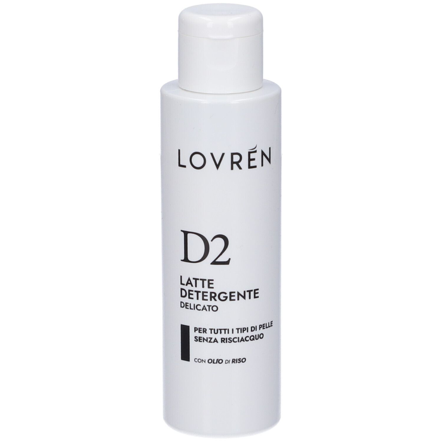 Flacone bianco con testo nero: LOVRÉN, D2, LATTE DETERGENTE DELICATO. Per tutti i tipi di pelle, senza risciacquo.