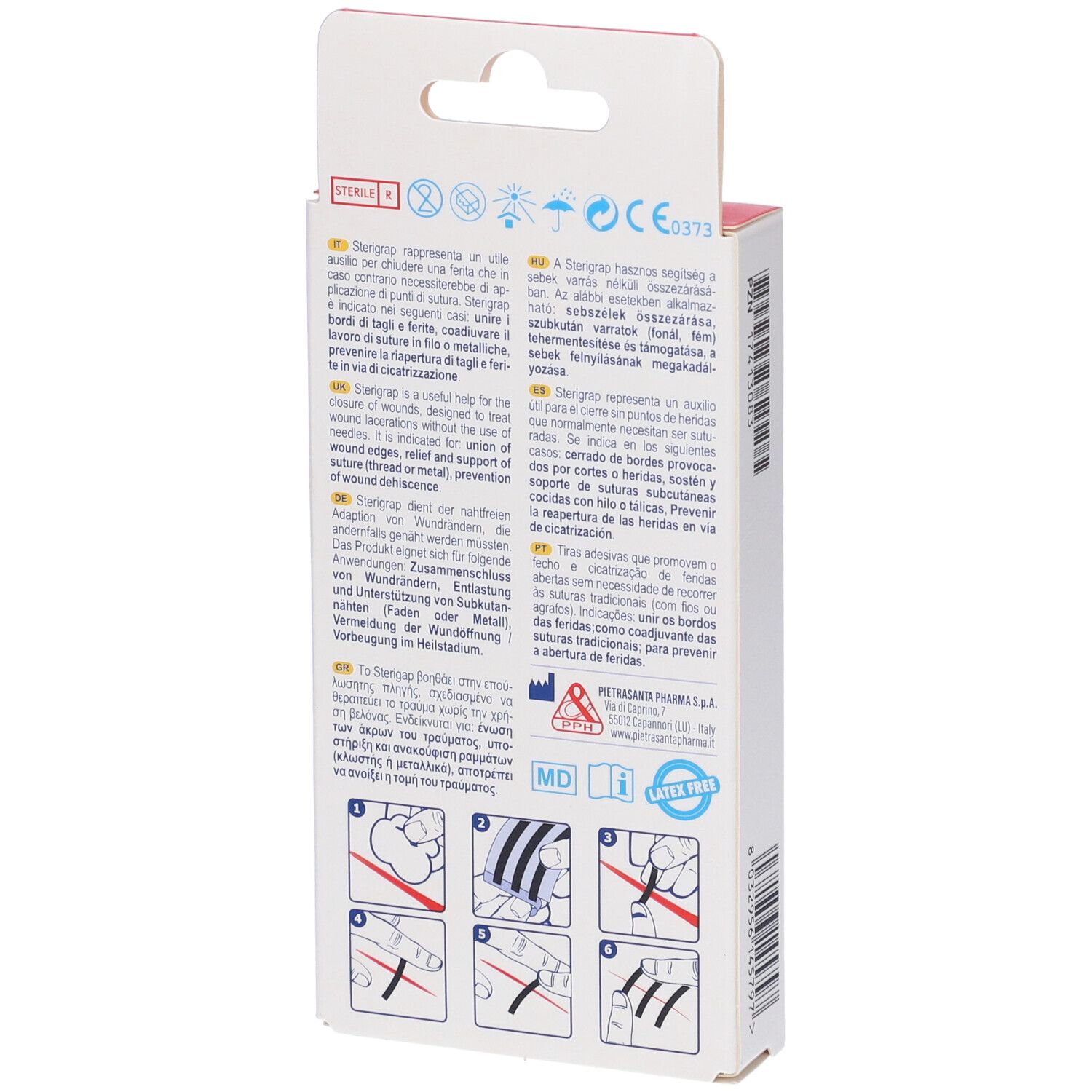 Retro della confezione Master-Aid Sterigrap Strip. Testo multilingue, esempi di applicazione.