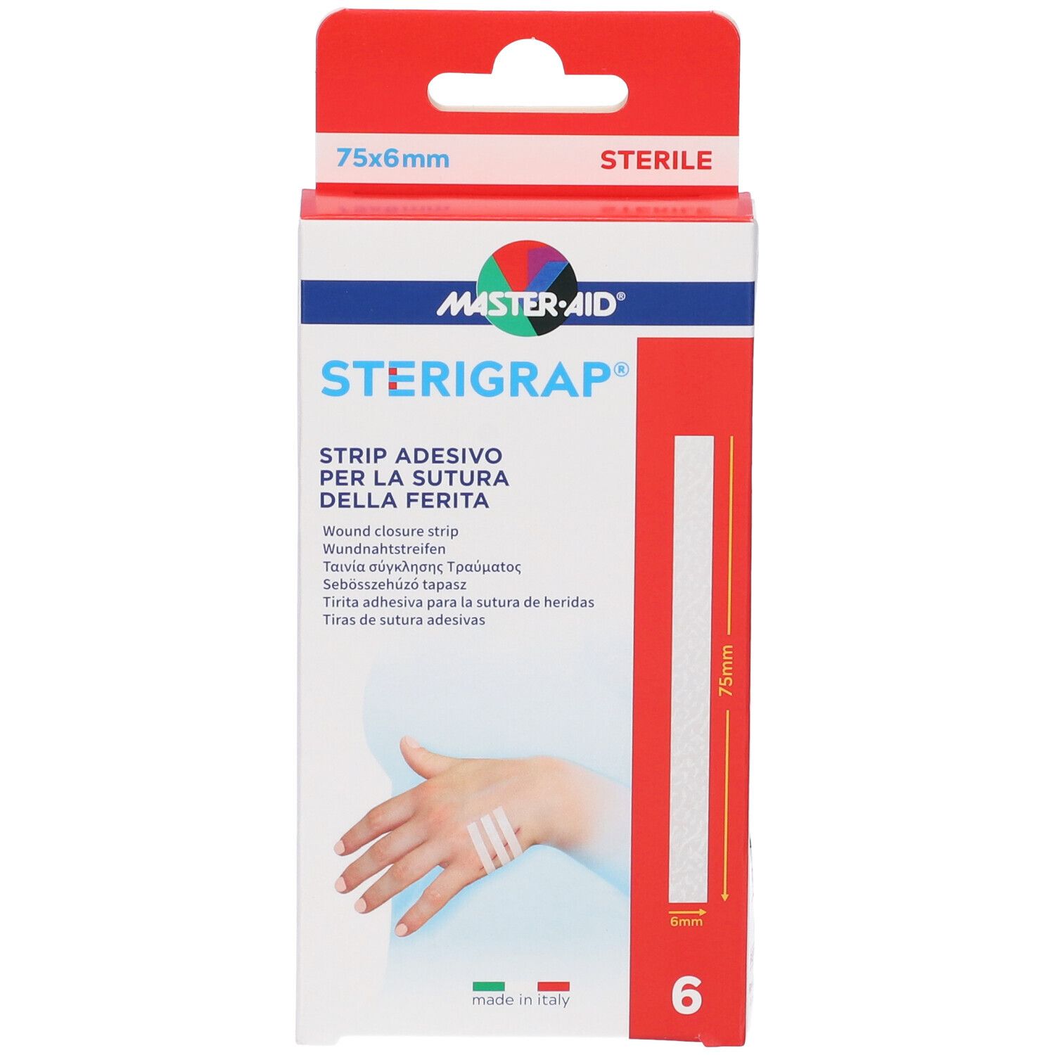Confezione di Master-Aid Sterigrap Strip, 75x6 mm, sterile. Contiene 6 strisce. Scritte multilingue.