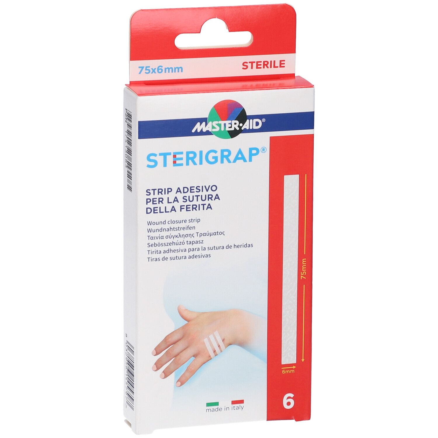 Confezione di Master-Aid Sterigrap Strip, 75x6 mm, sterile. Contiene 6 strisce. Scritte multilingue.
