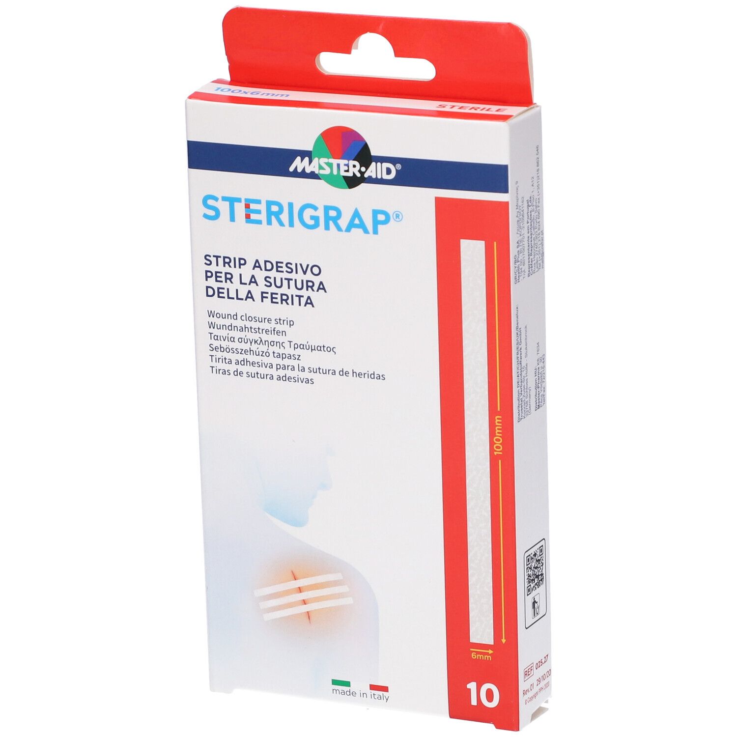 Confezione Master-Aid Sterigrap. Nome del prodotto, illustrazione e numero 10 sulla confezione.