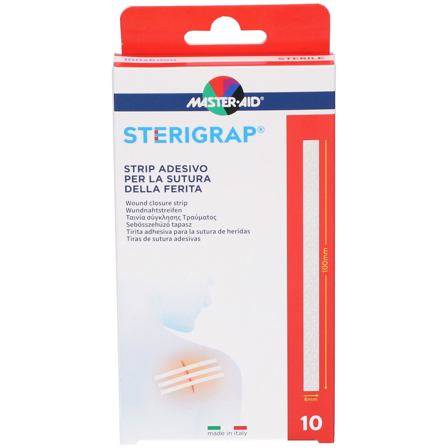 Confezione Master-Aid Sterigrap. Nome del prodotto, illustrazione e numero 10 sulla confezione.