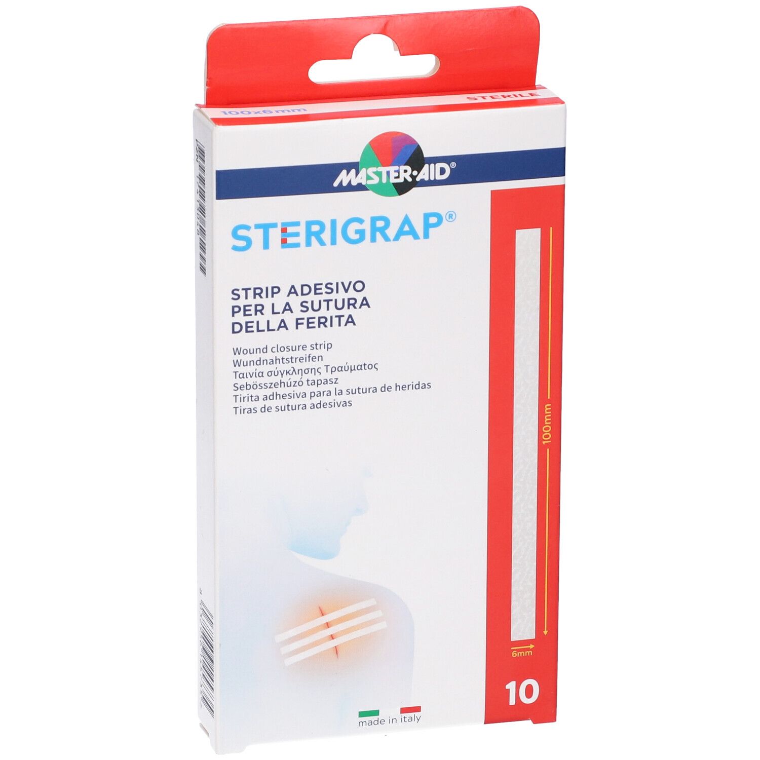 Confezione Master-Aid Sterigrap. Nome del prodotto, illustrazione e numero 10 sulla confezione.