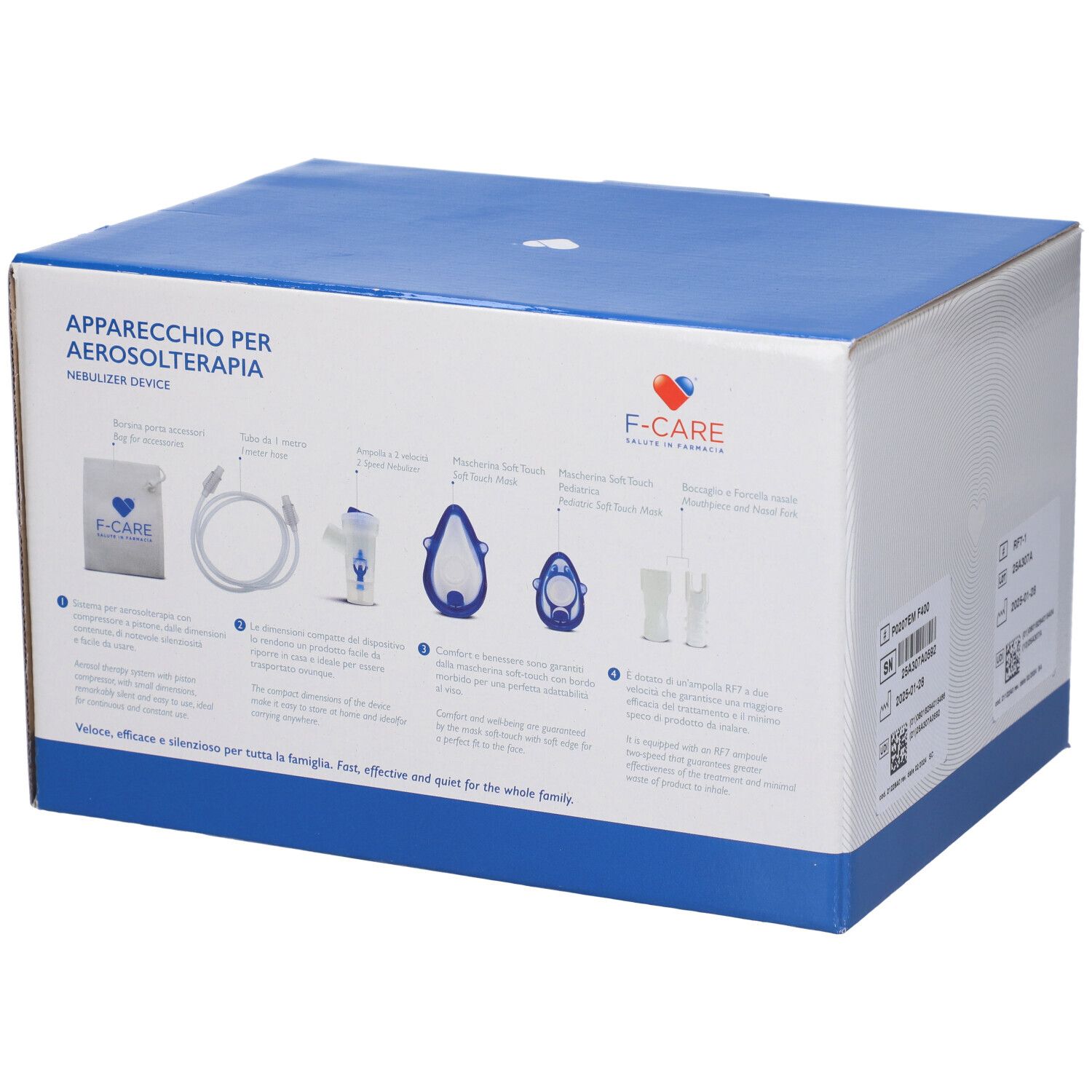 Retro della confezione con rappresentazioni schematiche degli accessori. Testo: Apparecchio per Aerosolterapia, F-CARE, Nebulizer Device.