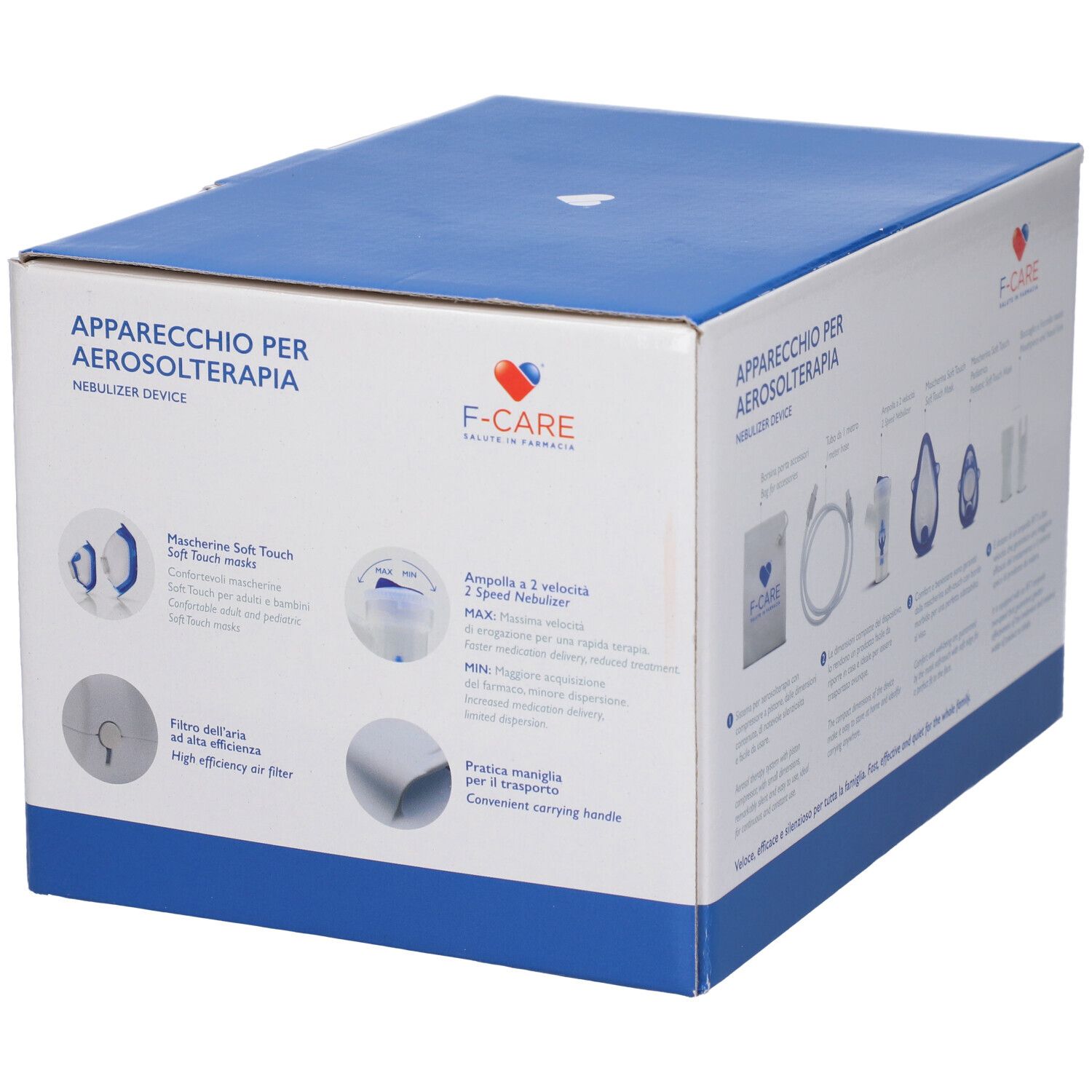 Confezione con rappresentazioni schematiche di accessori e caratteristiche del prodotto. Testo: Apparecchio per Aerosolterapia, F-CARE, Nebulizer Device.