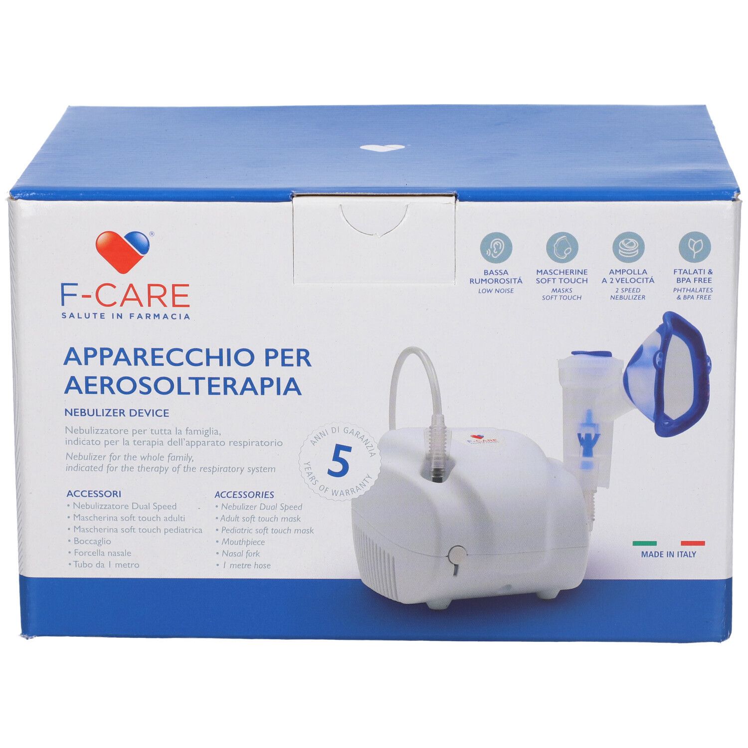Confezione con immagine del prodotto. Scritto: F-CARE, Apparecchio per Aerosolterapia, Nebulizer Device. Contiene accessori e 5 anni di garanzia.