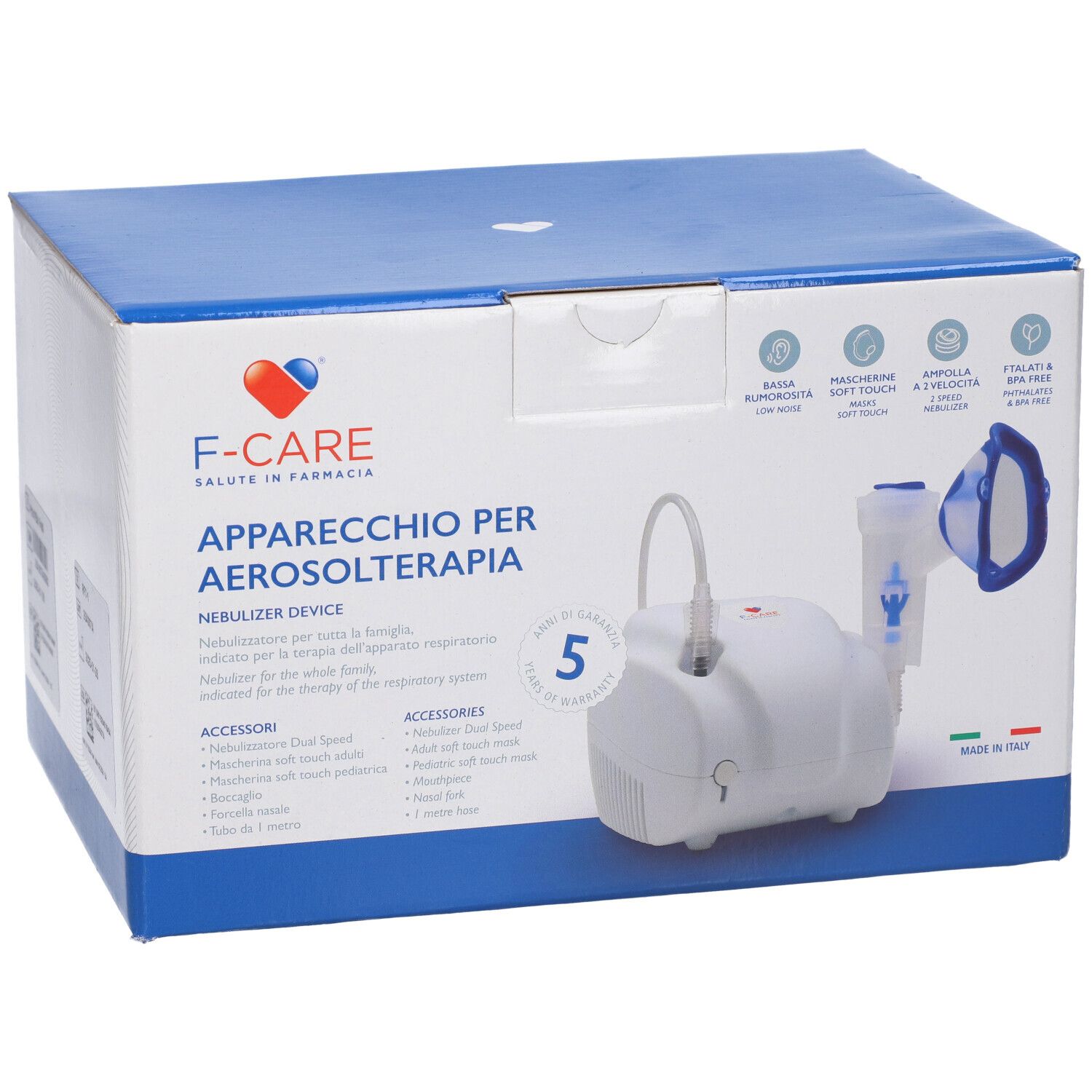 Confezione con immagine del prodotto. Scritto: F-CARE, Apparecchio per Aerosolterapia, Nebulizer Device. Contiene accessori e 5 anni di garanzia.