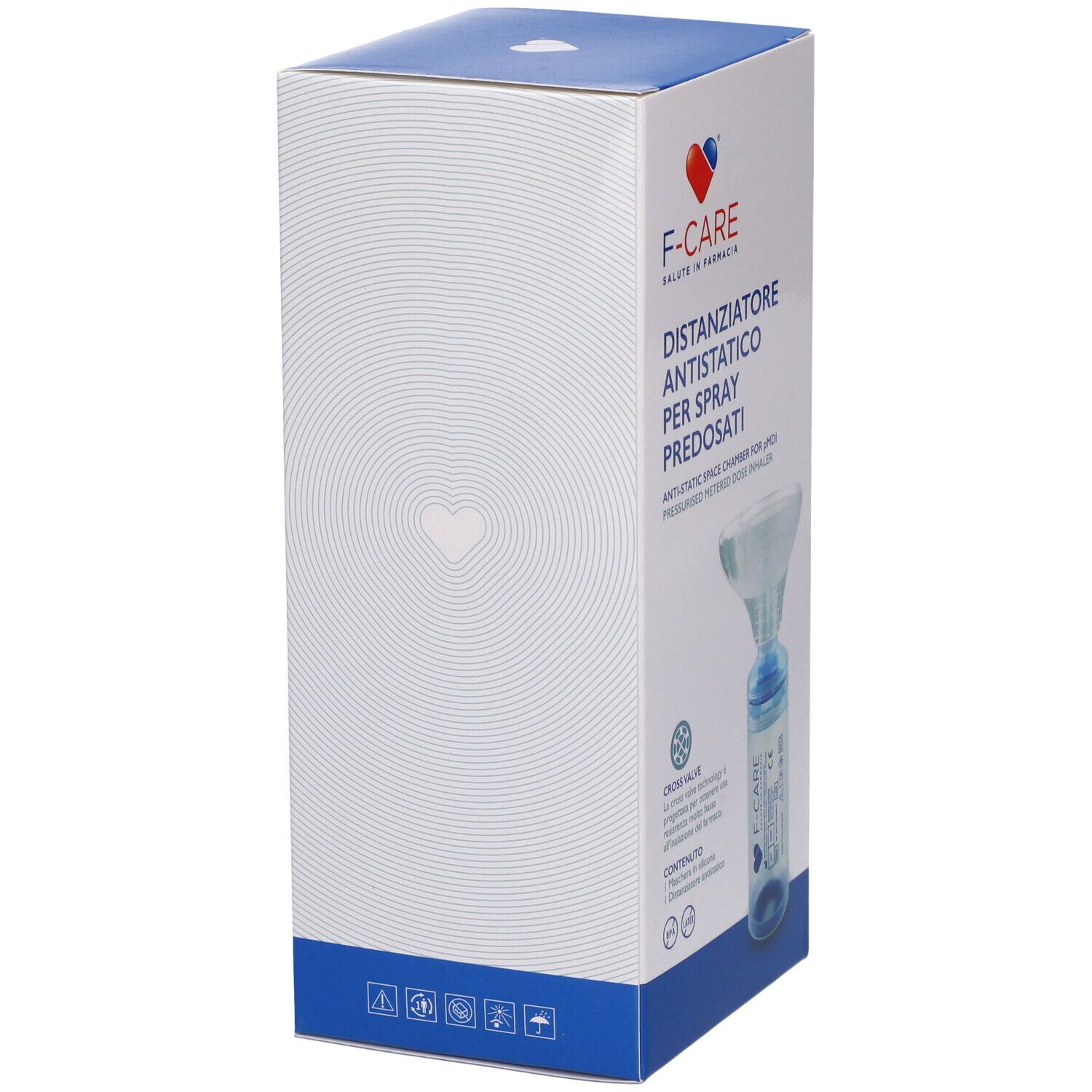 Scatola F-CARE Distanziatore Pediatrico. Bianca con coperchio blu. Testo: Distanziatore Antistatico Per Spray Predosati. Logo F-CARE.
